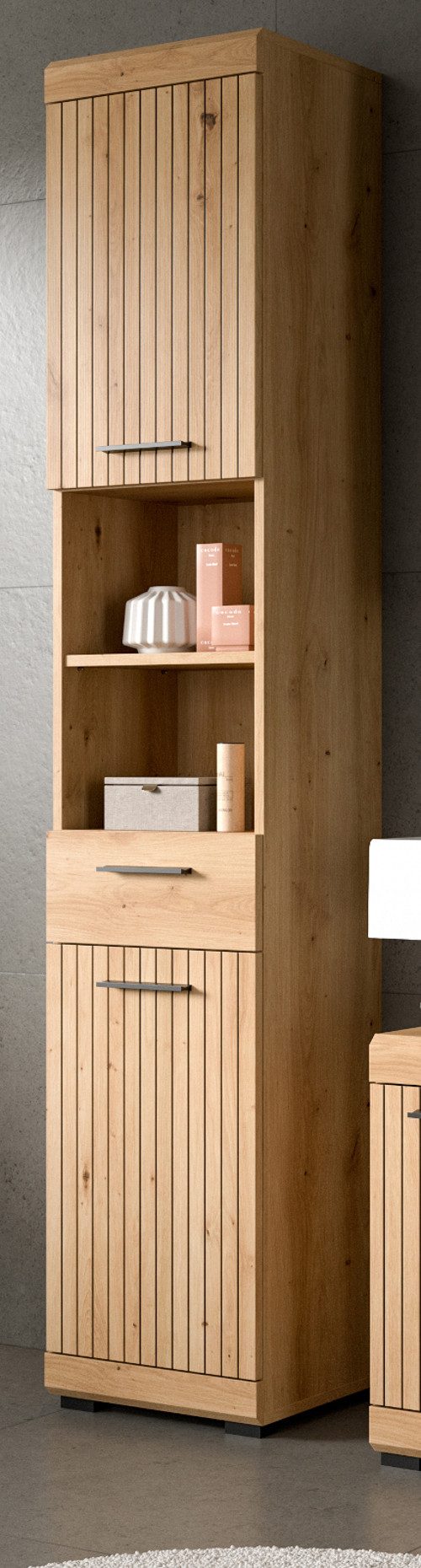 Inn.Furn Hochschrank Shawn (Badschrank in Eiche Artisan mit Leistenoptik, 2-türig, 37 x 191 cm) 6 Fächer und Vollauszug-Schublade
