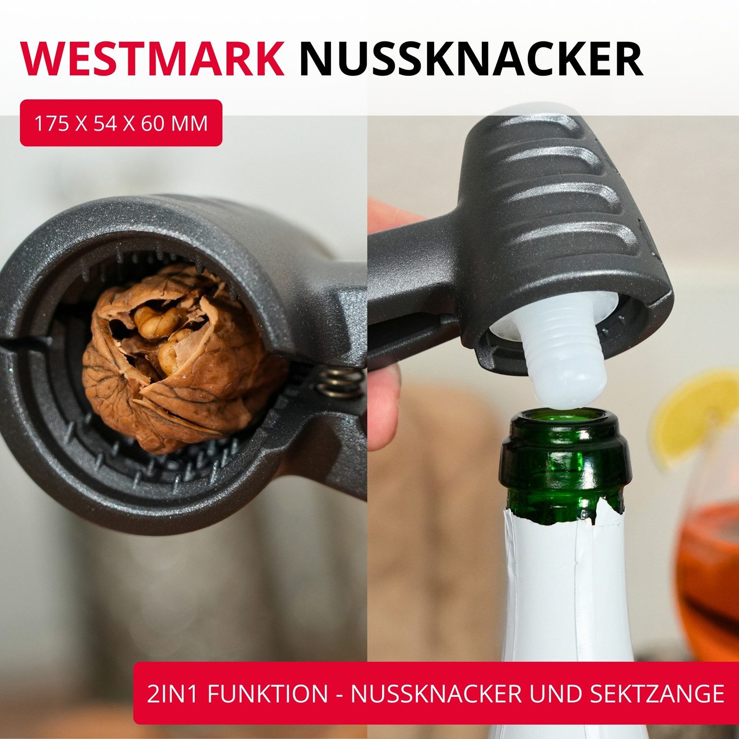 WESTMARK Nussknacker und Sektzange, extra große Öffnung für Walnüsse, mit Klammer, Nusspro