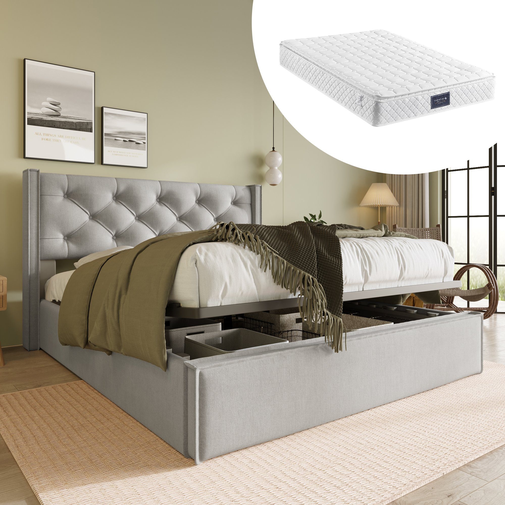 WISHDOR Polsterbett Doppelbett Bett mit Matratze Hydraulisch (mit Stauraum 140x200cm, mit Lattenrost und Metallrahmen), Massivholz+Baumwolle+Metal HellGrau