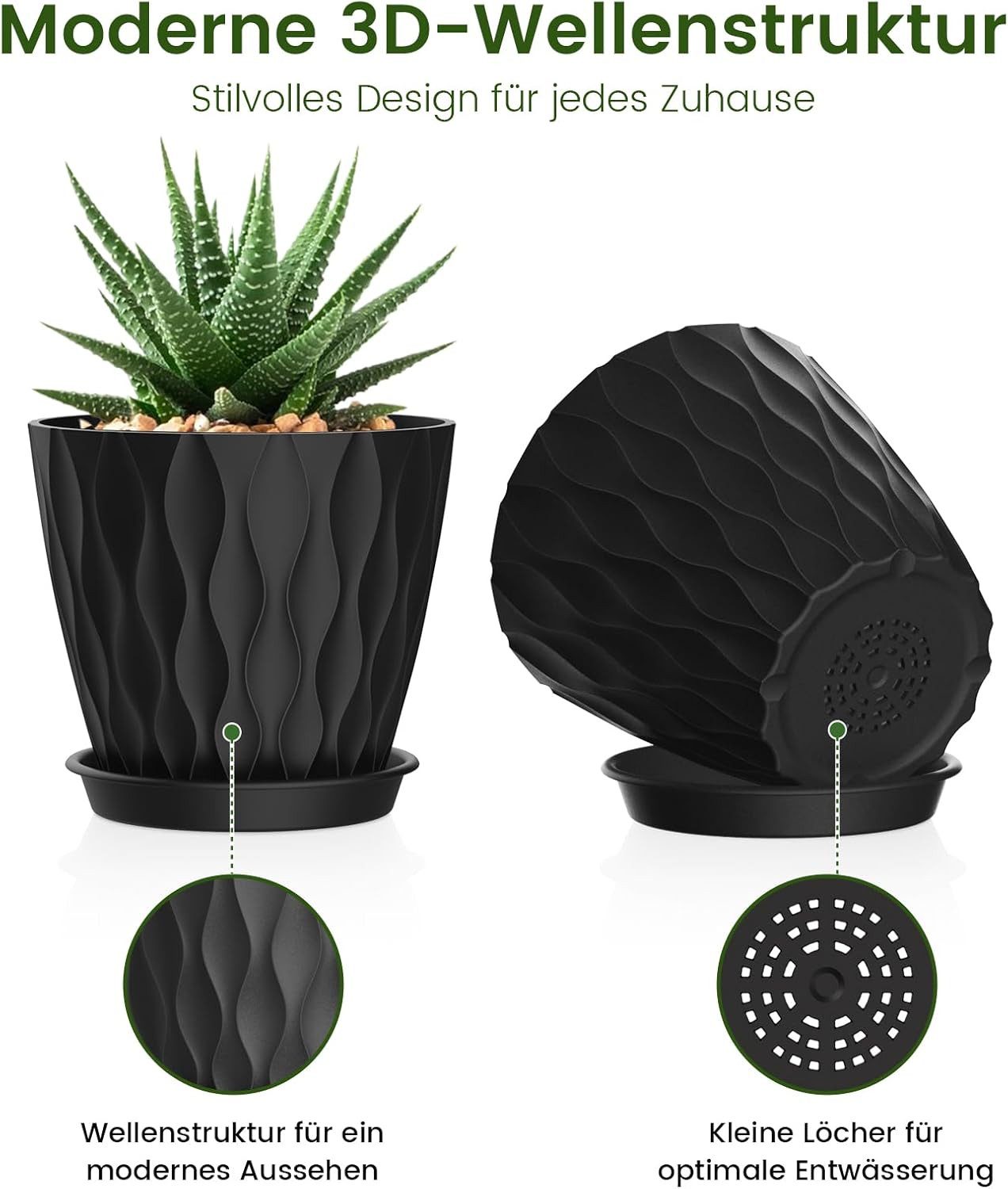 ibettertec Pflanzkübel 15 cm Blumentopf Pflanztopf, 5er Set Dick Kunststoff Pflanztöpfe (3D-Wellentextur Übertopf für Einblatt, Efeutute & Innen Außen Pflanzen, – Bild 3 von 5
