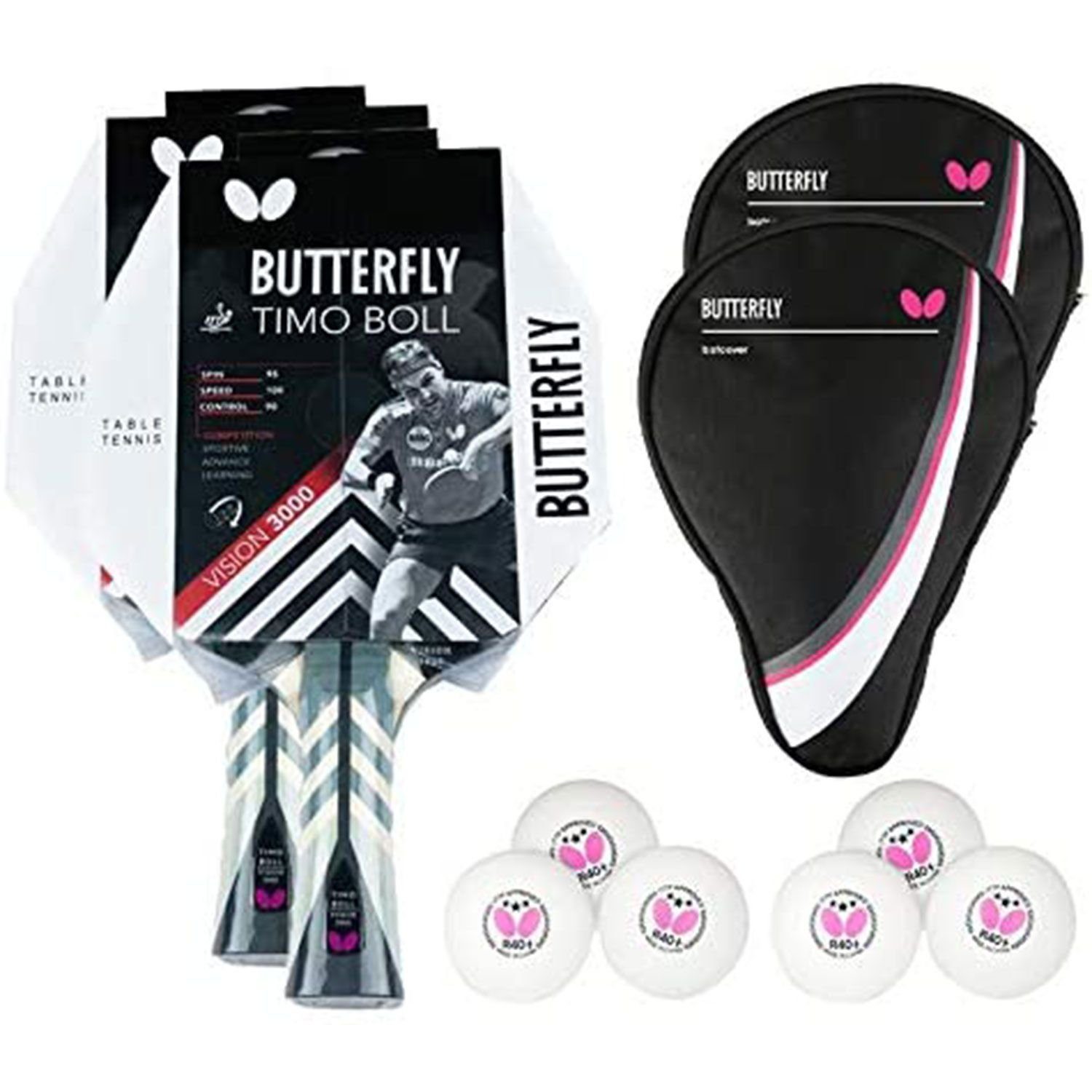 ist ein Schnäppchen Butterfly Tischtennisschläger 2x Timo Table Tischtennis 1 Case Vision + 3000 2x Tennis Drive Tischtennisset Bat Bälle, + Racket Set Schläger Boll