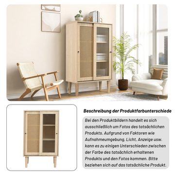 Merax Highboard, mit Glastür und Rattangeflecht, Vitrine Landhaus, Kommode, Sideboard