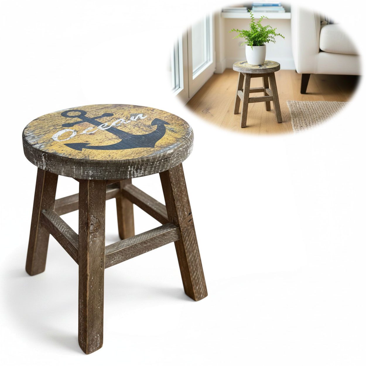 LS-LebenStil Blumenhocker Holz Pflanzenhocker 26x20cm Maritim Ocean Mini Tisch Deko Hocker (1 St., Braun 4 Füße kleiner Pflanzenständer Pflanzentisch Holzhocker Deko), Design Deko Hocker Holz Nachttisch Mini Tisch rustikales Tischchen
