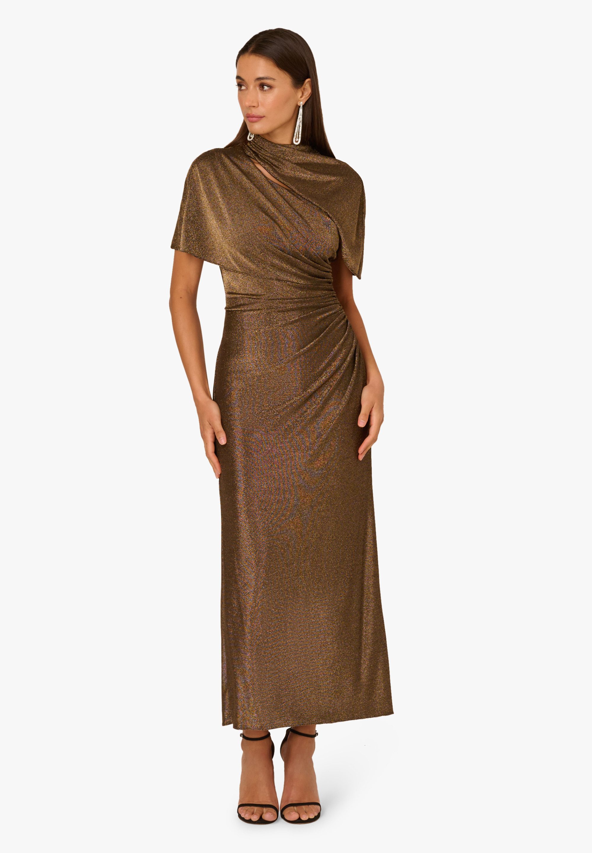 Adrianna Papell Strickkleid Metallic Knit Long Dress Figurbetontes Kleid aus metallischem Strick mit Rüschen und Cape-Ärmel