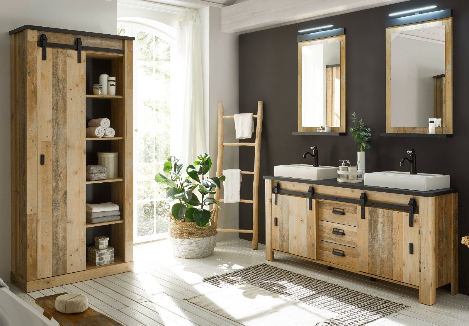 Furn.Design Badezimmer-Set Stove, (Badezimmer Komplett-Set, Used Wood), inklusive Waschbecken und Beleuchtung, Soft-Close