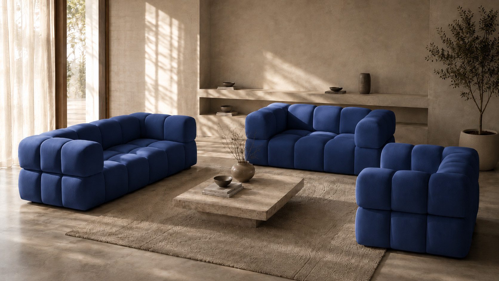 Kaiser Möbel Wohnzimmer-Set 3+2+1 in Bluvel Samtstoff, AVERRO