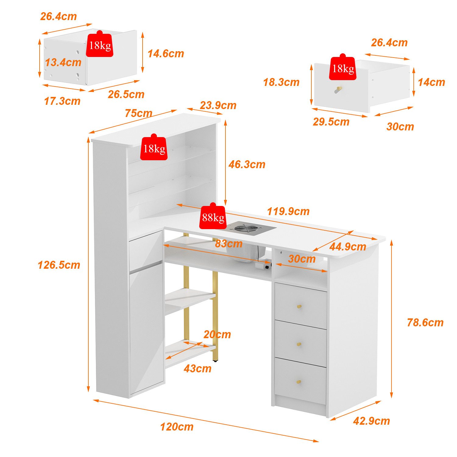 FUFU&GAGA Arbeitstisch Nageltisch mit Glasregalen, Weiß, MDF+Glas, 120×75×126,5 cm