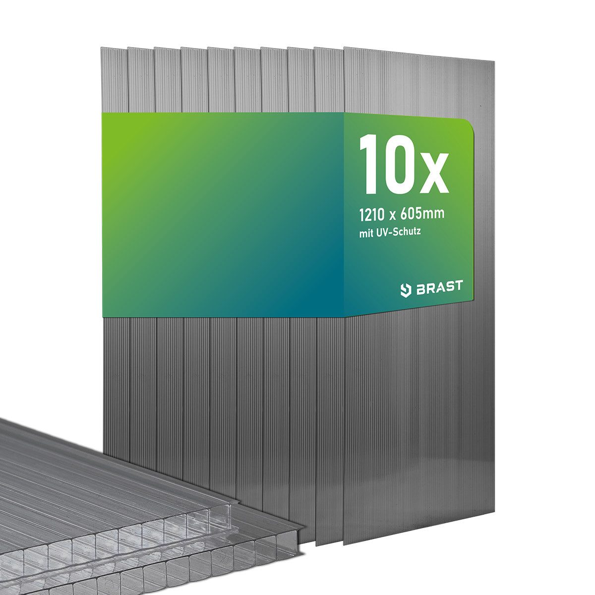 BRAST Doppelstegplatte Hohlkammerplatten 6mm, viele Varianten, Polycarbonat, 6 mm, 7,3 m², (10-St., UV-beständig, witterungsbeständig, bruchstabil & zuschneidbar), Geeignet für Gewächshäuser, Gartenhäuser Überdachungen & Carportdächer