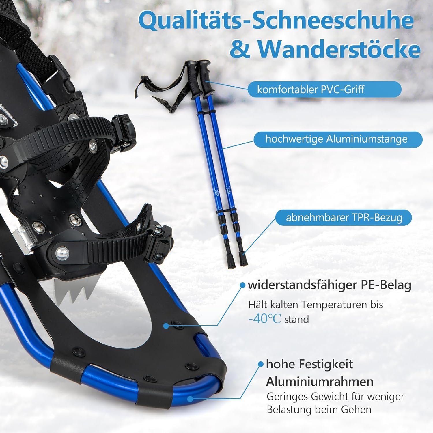 mit Schneeschuhe verstellbaren KOMFOTTEU Tragetasche Wanderstöcken 53/63/76cm & blau (Set),