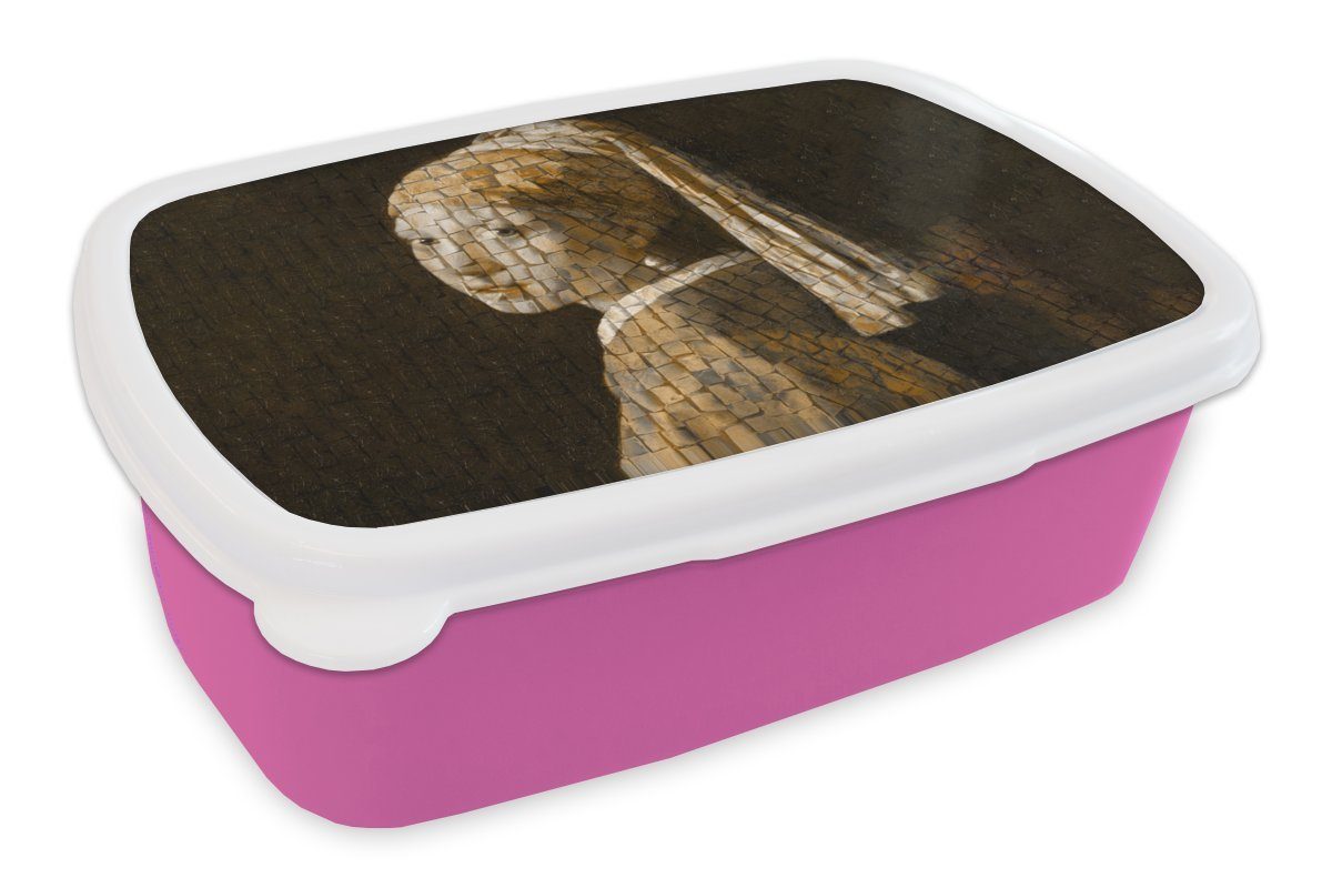 MuchoWow Lunchbox Mädchen mit Perlenohrring - Vermeer - Mosaik, Kunststoff, (2-tlg), Brotbox für Erwachsene, Brotdose Kinder, Snackbox, Mädchen, Kunststoff rosa