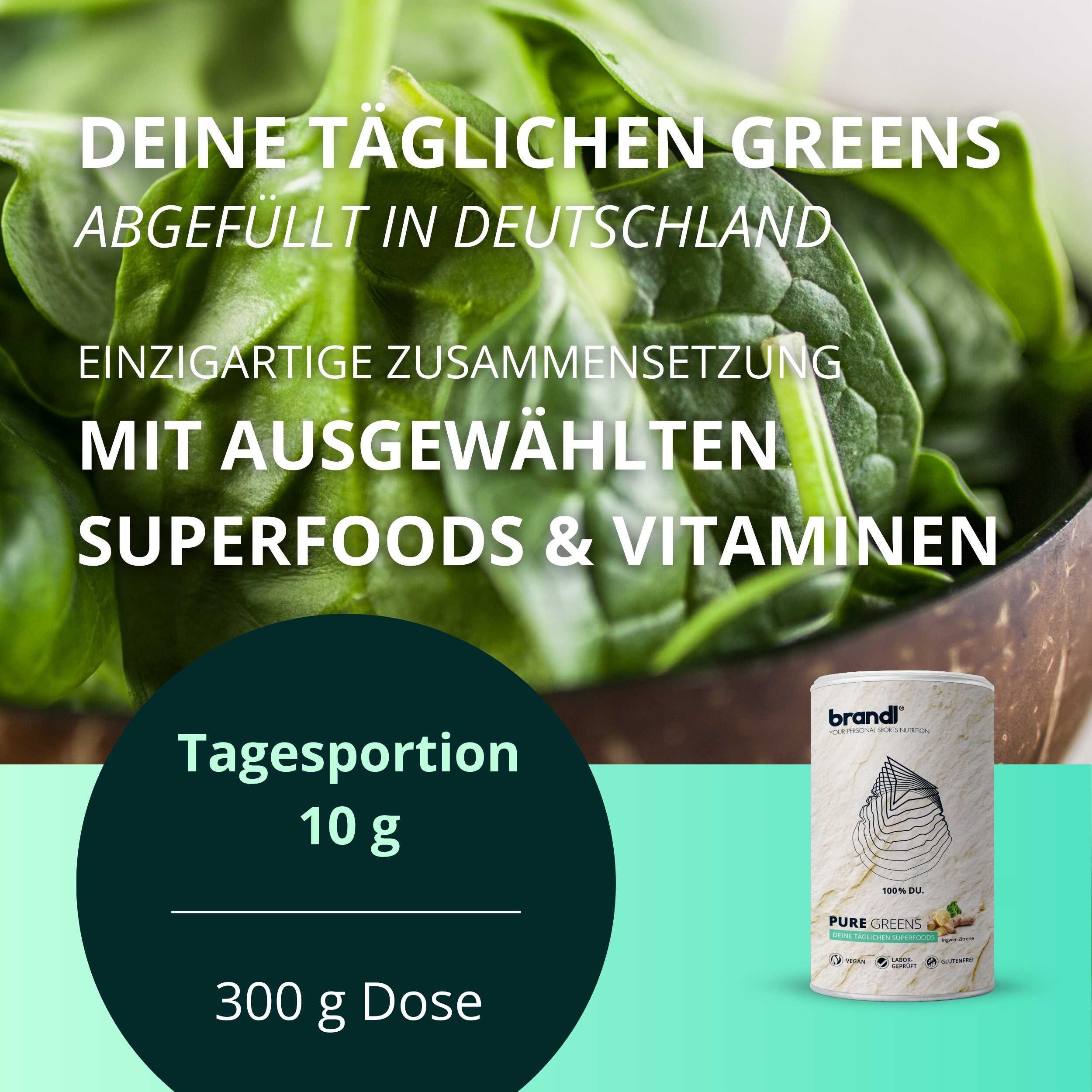 Brandl Nutrition Superfood Pure Greens Pulver mit Ashwagandha, Spirulina uvm. 300g Pulver, Leckeres Smoothie-Bowl-Pulver, Superfoods für die Nährstoffversorgung