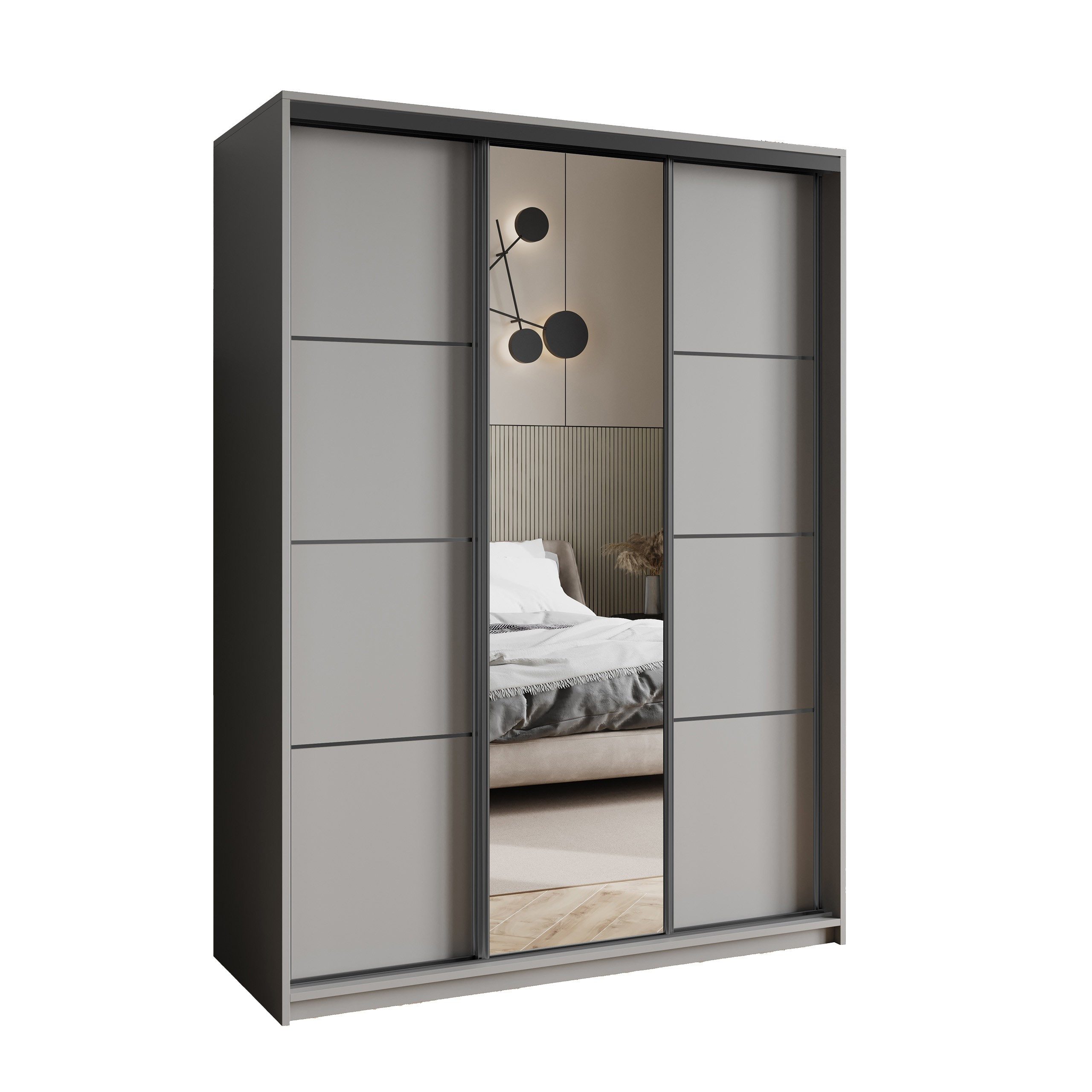 Masseno Schwebetürenschrank VARO 150 cm Kleiderschrank mit Spiegel 3 Türen Graphitfarben