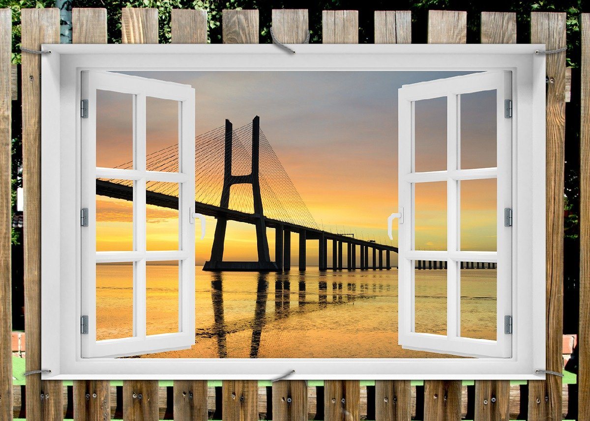 Thumbnail - Wallario Sichtschutzzaunmatten Vasco da Gama Brücke, mit Fenster-Illusion