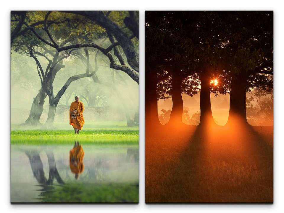 Sinus Art Leinwandbild 2 Bilder je 60x90cm Mönch Asien Buddhismus Bäume  warmes Licht Meditation positive Energie
