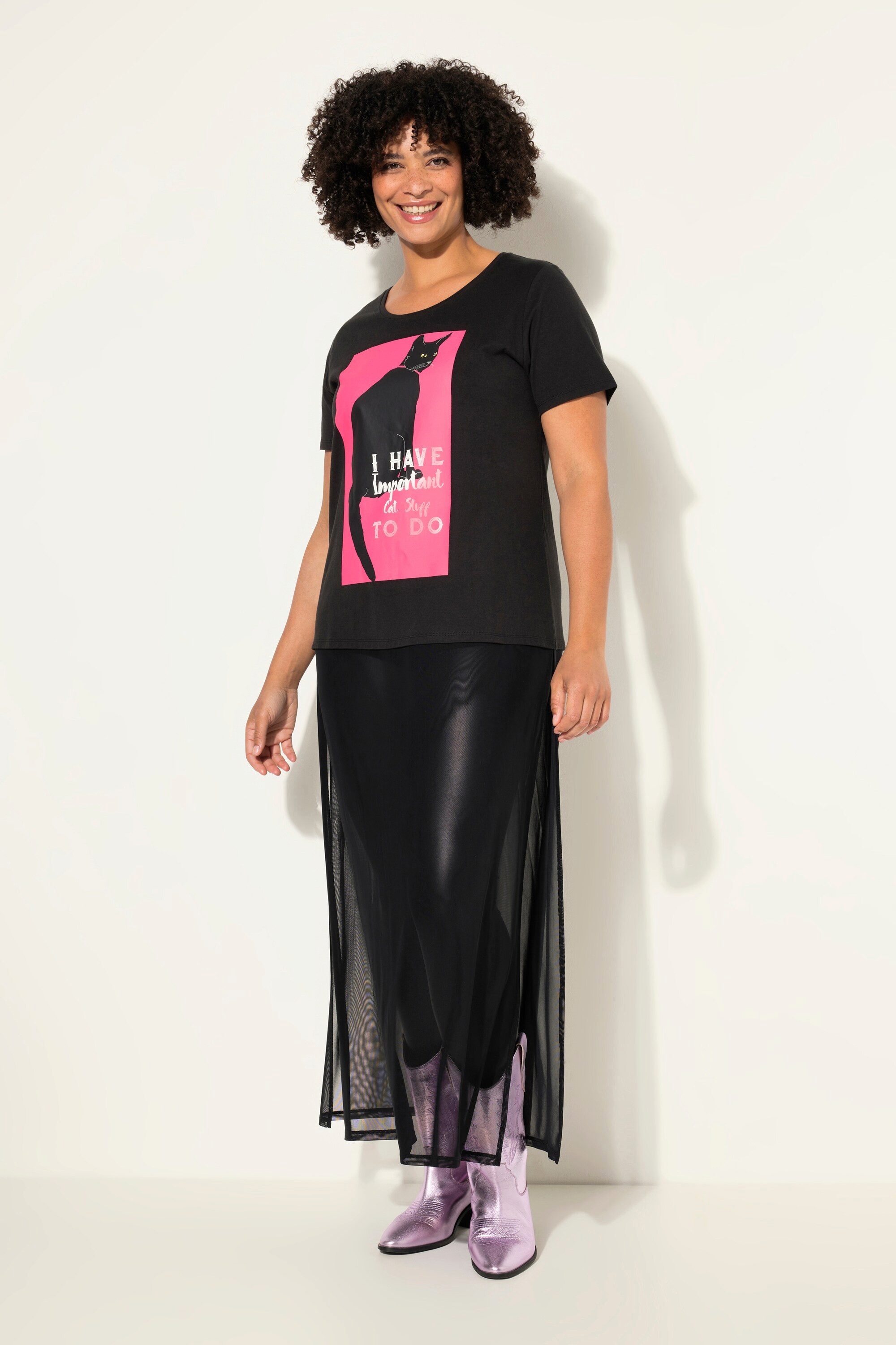 T-Shirt Longshirt A-Linie angesetzter Mesh-Rock
