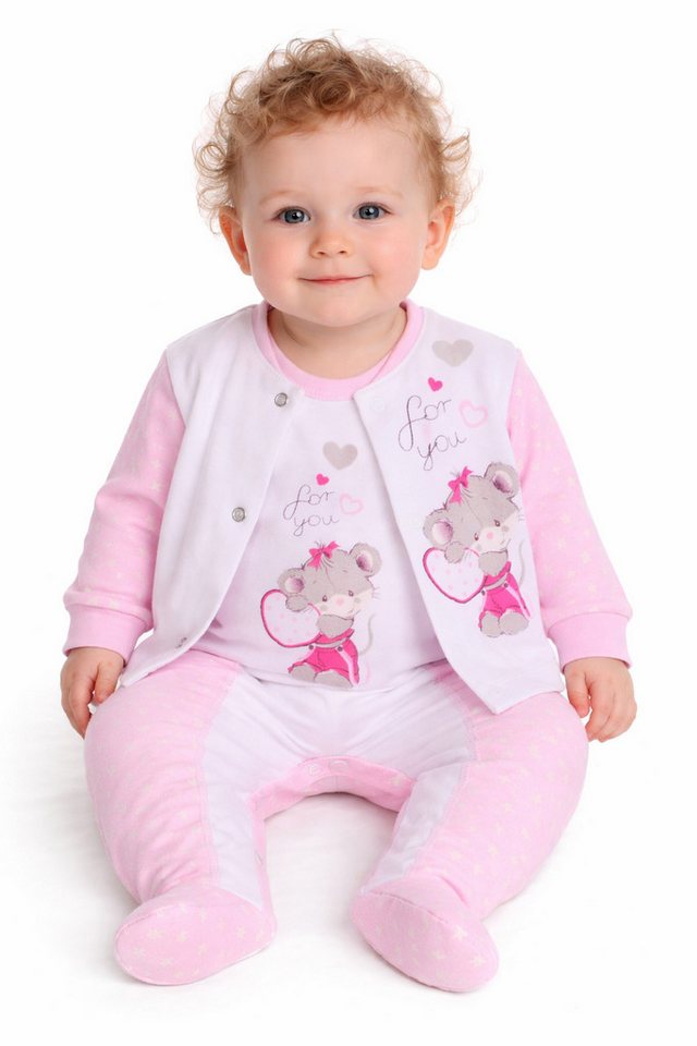La Bortini Strampler Strampler und Hemdchen Set Anzug 2tlg in Rosa mit Mäuschen (Anzug für Mädchen, 2-teilig, Erstlingsset für Neugeborene) aus reiner Baumwolle, 44 50 56 62 68 74