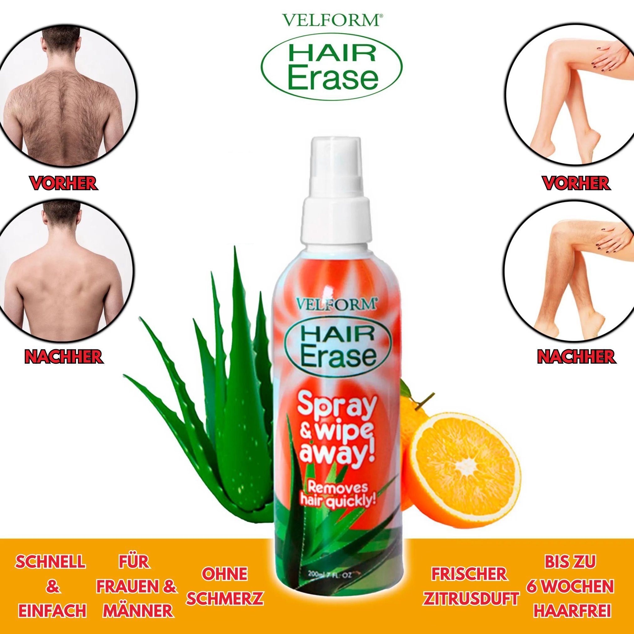 Orangenextrakt Hair Velform®️ mit St., Zitrusfrüchten, Enthaarungscreme Vitamin Velform® Erase 2 Enthaarungsspray, E, Aloe Vera und
