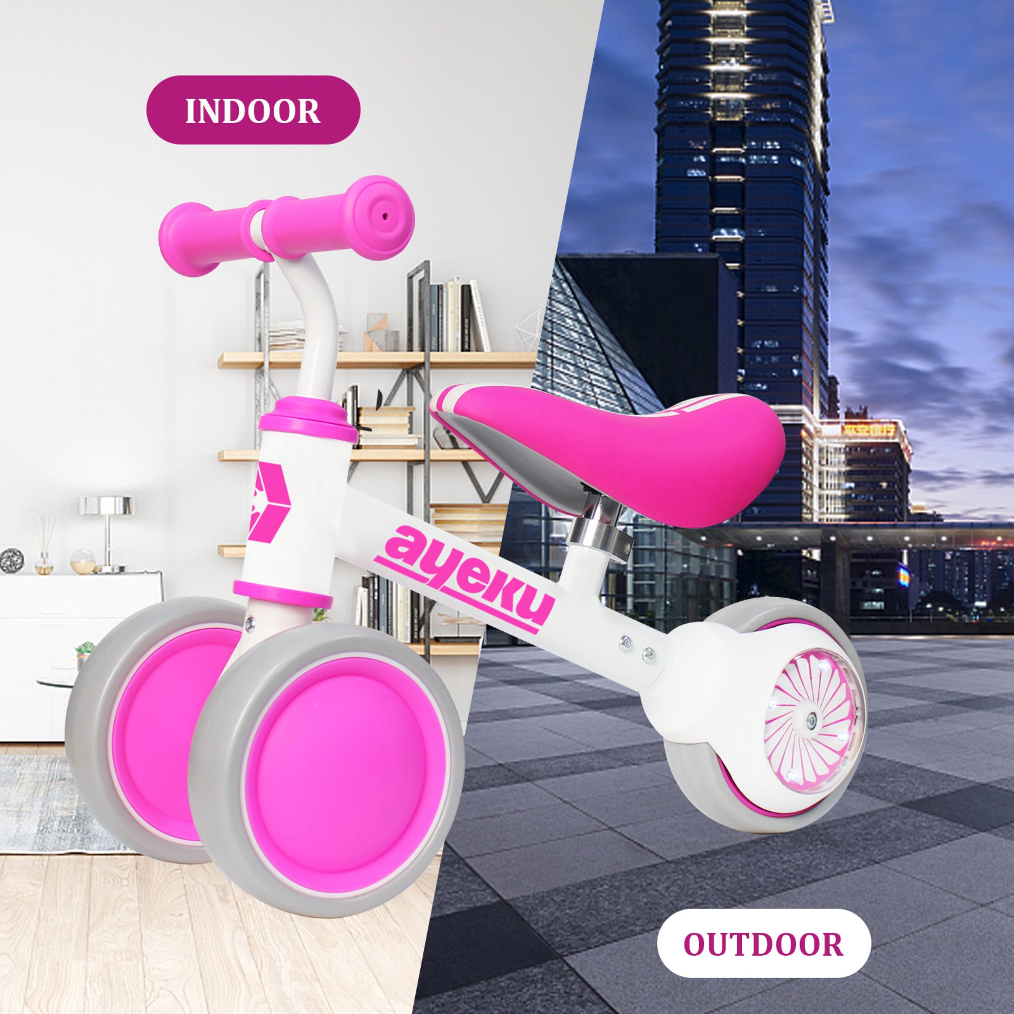 Ayeku Laufrad Laufrad Kinder 1–3 Jahre LED-Räder verstellbarer Sitz Rosa Blume