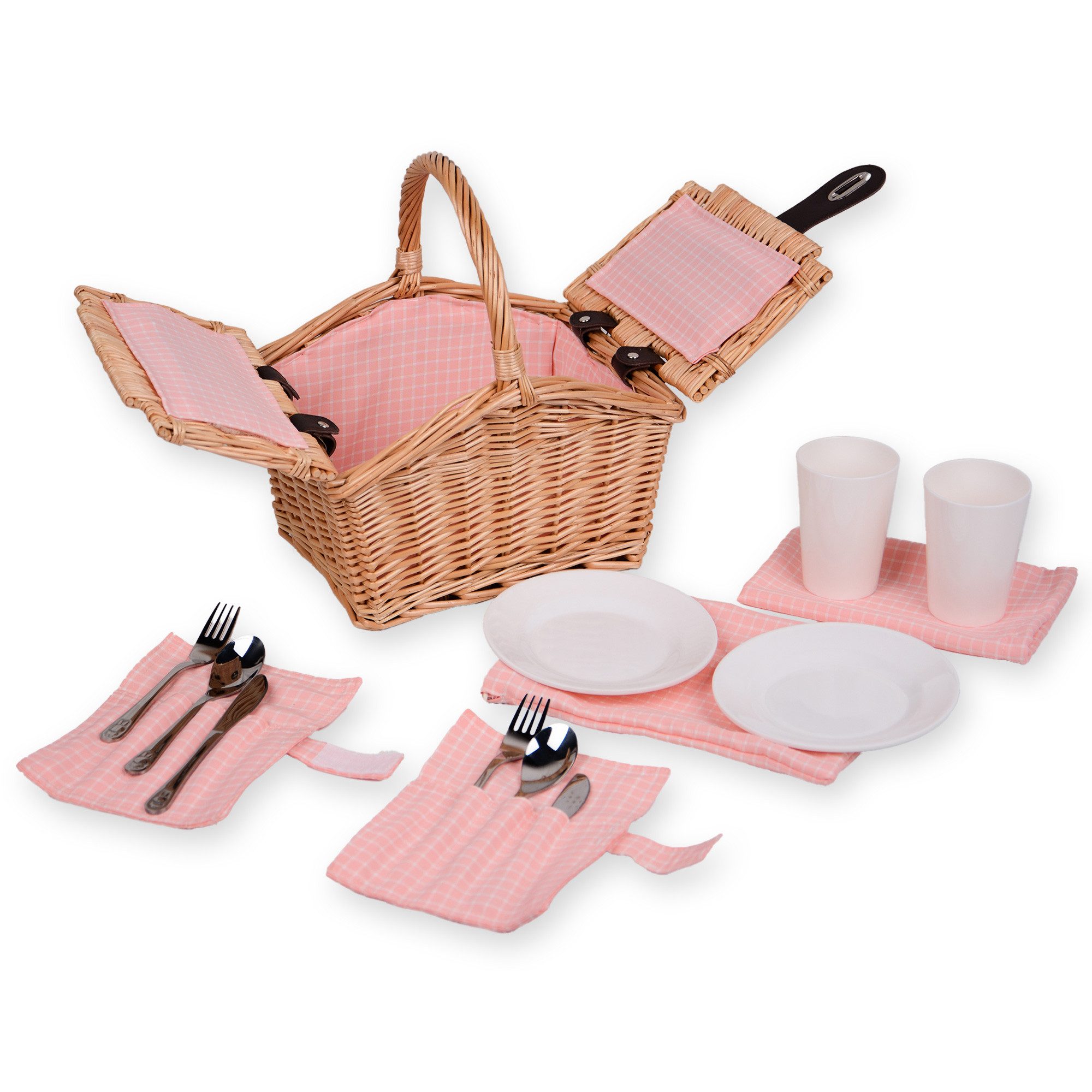 UNUS GARDEN Picknickkorb Kinder, für 2 Personen (ca. 27 x 20 x 30 cm, pink), Rechteckig inklusive Besteck und Geschirr