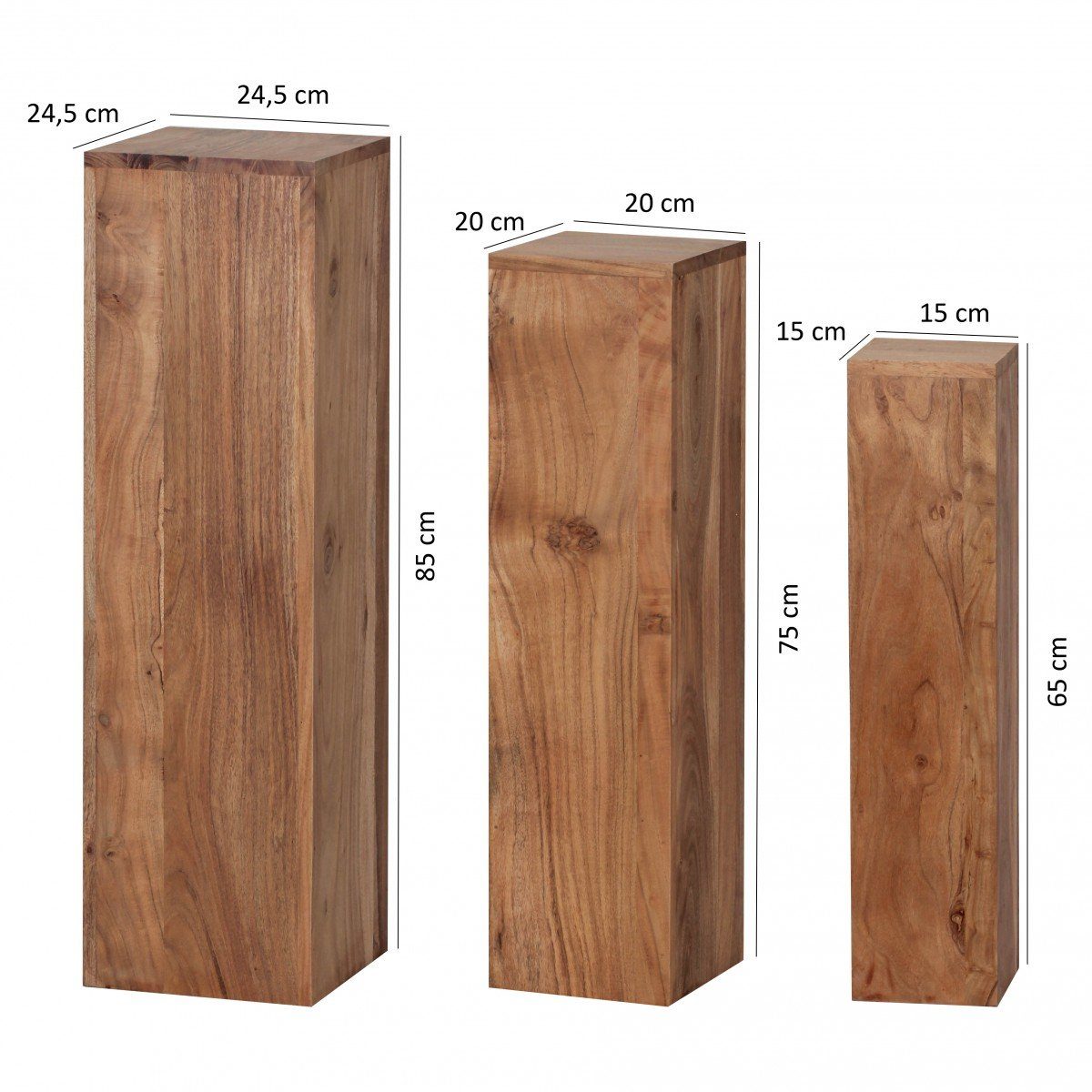 Blumentisch (Beistelltisch Dekosäule Massivholz Set Pflanzentisch Akazie Modern), Beistelltisch WL1.567 Wohnling 3er Quadratisch