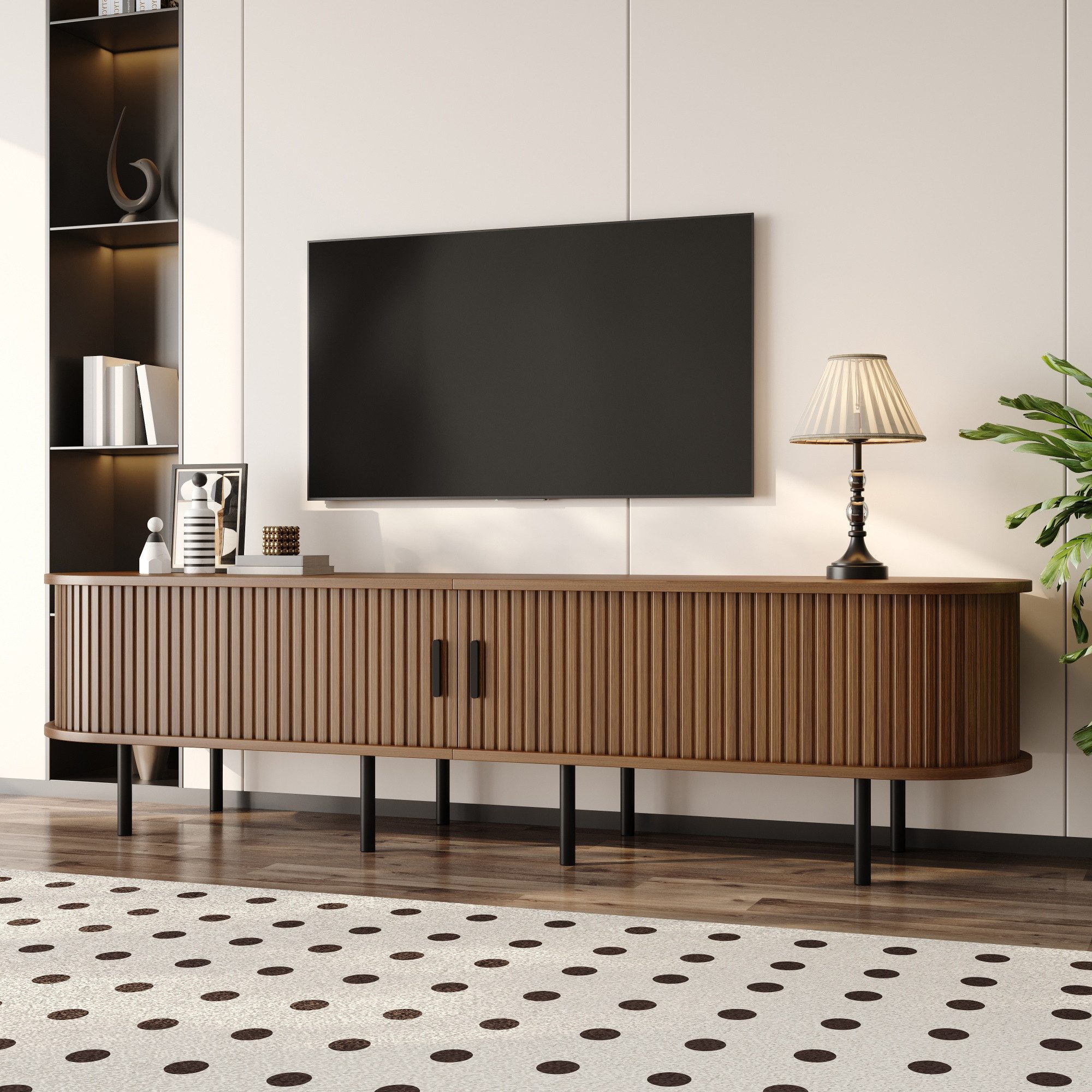 Merax Lowboard in Holzoptik, TV-Board im Rillenoptik (1 St., 170 x 40 x 46 cm (L x B x H), TV-Schrank mit 2 Schiebetüren, 2 offenen Fächern,Stauraum,Metallbeine