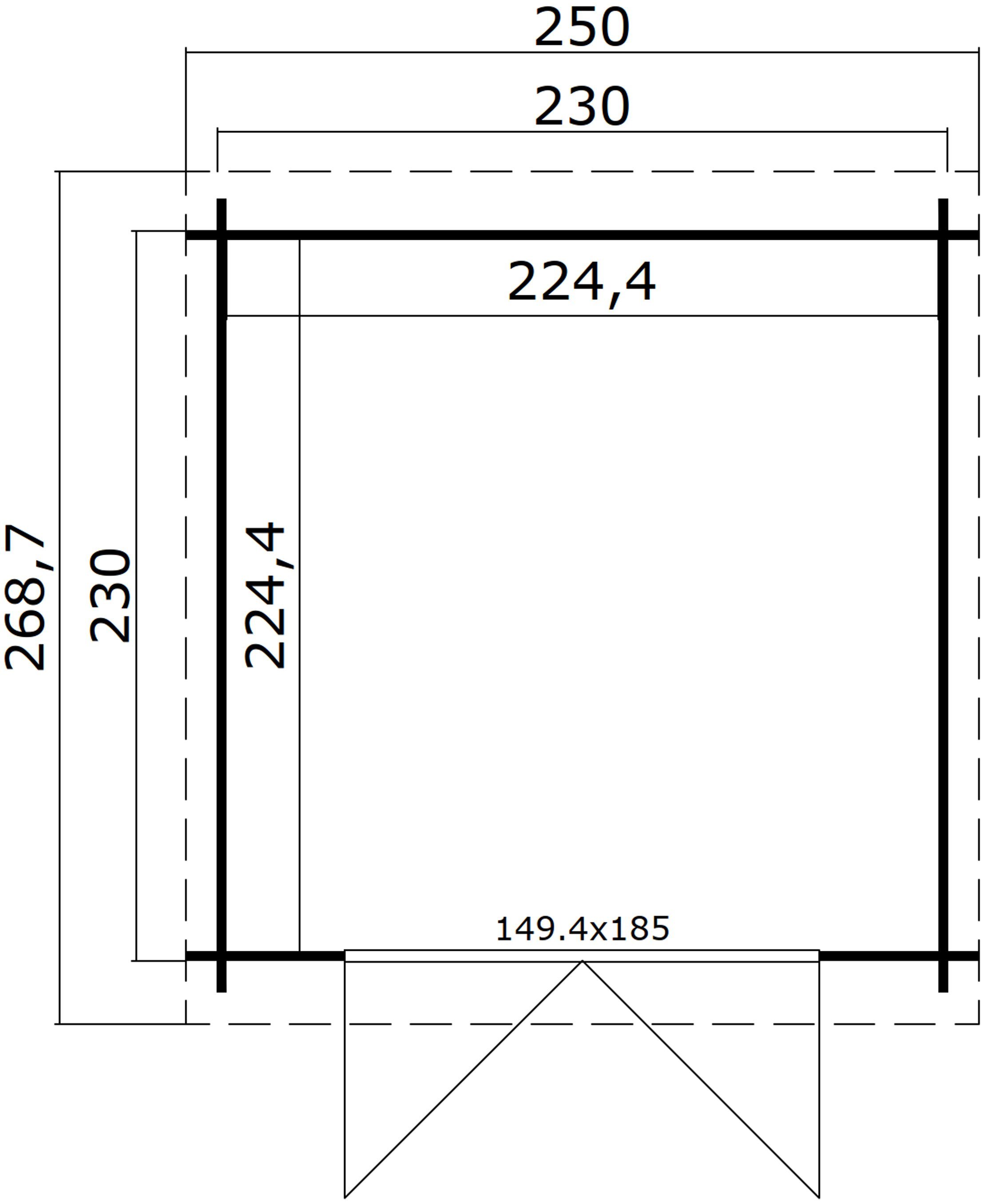 Indi 230, LASITA 250x369 Schwedenrot Gartenhaus MAJA Fundamentmass cm, Blochbohlenhaus 28mm, 2300x2300, BxT: