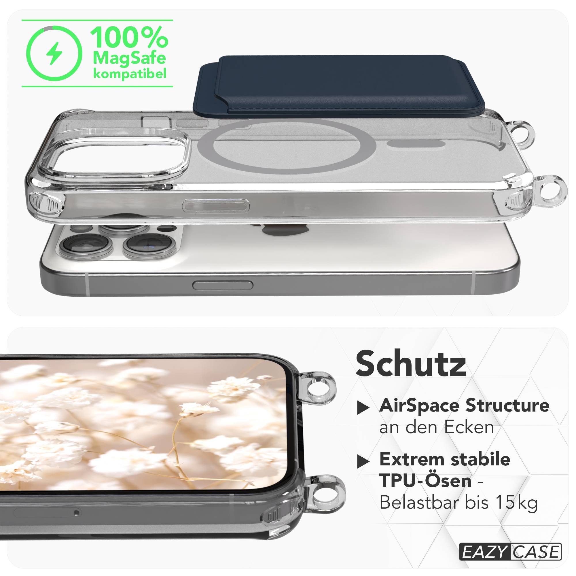EAZY CASE Handykette Umhängeband MagSafe Hülle für Apple iPhone 15 Pro 6,1 Zoll, Handyhülle Rope Band MagSafe Crossbody Mix Grau Schwarz
