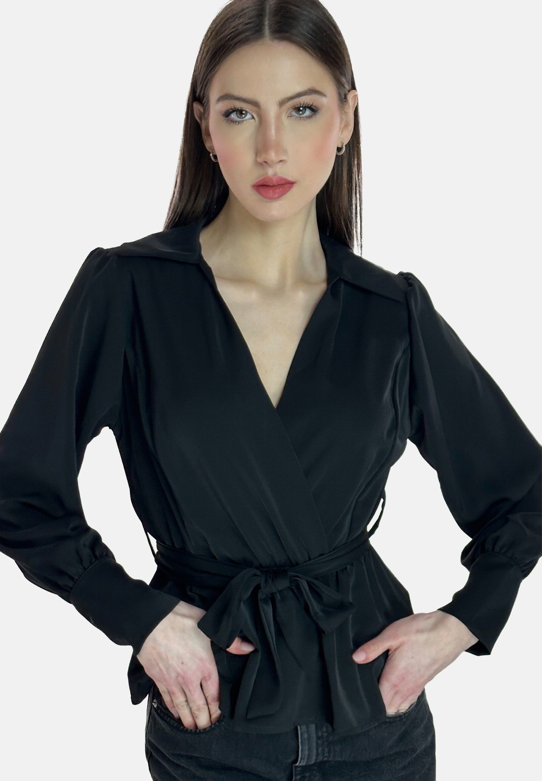 Elara Blusentop – Wickelbluse mit Bindegürtel und Hemdkragen
