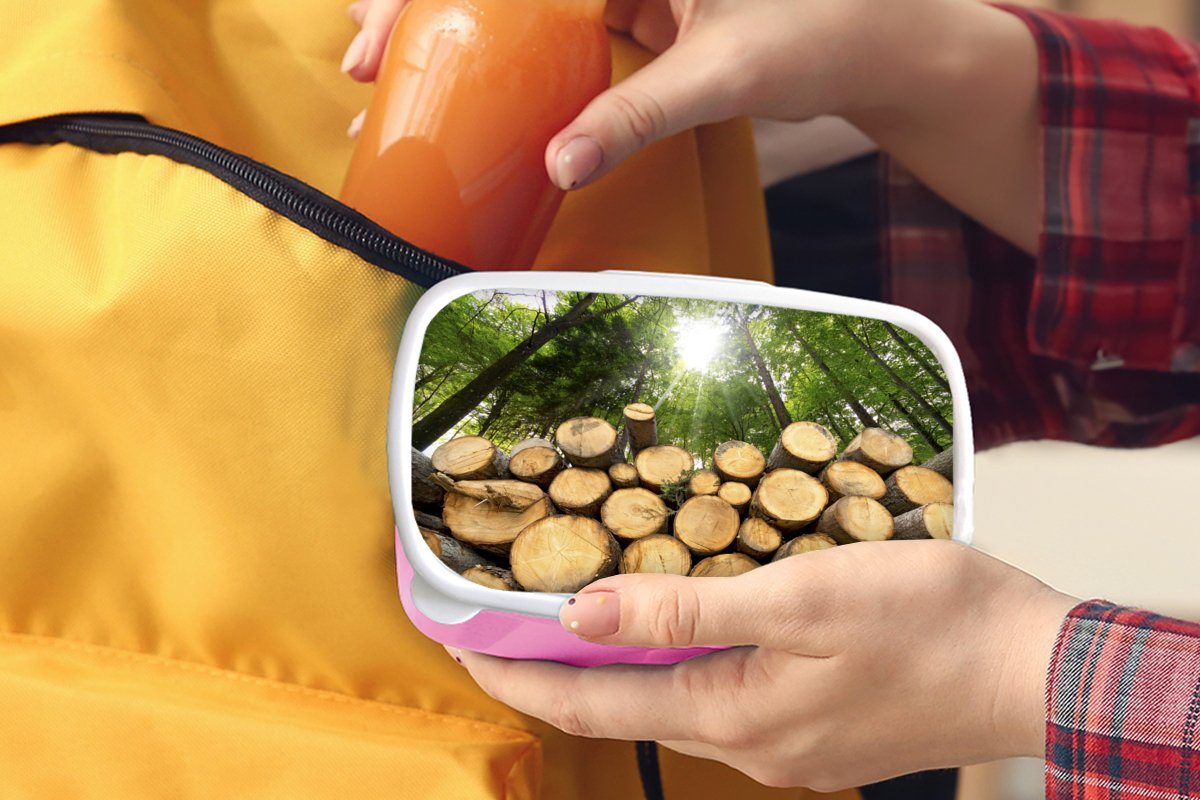 - MuchoWow Kinder, Holz Brotdose Bäume Kunststoff, für Mädchen, (2-tlg), Wald, Snackbox, Kunststoff Lunchbox Erwachsene, rosa - Brotbox