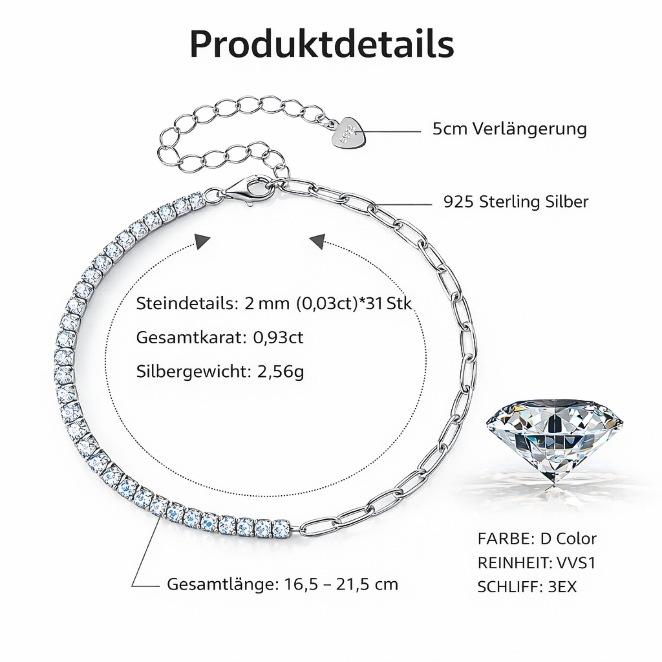UNIQAL.de Silberarmband Damen 925 Sterling Silber mit Diamant Moissanit 0,93 Karat – VALERIA (Silberarmband mit 31 Moissanit Steinen in klarer Linienform, 925 Sterling Silber Weißgold plattiert, inkl. Luxuriöse Schmuck Geschenkbox), Moissanit VVS1 Reinheit, GRA-Zertifikat, Armkette Geschenk für Damen