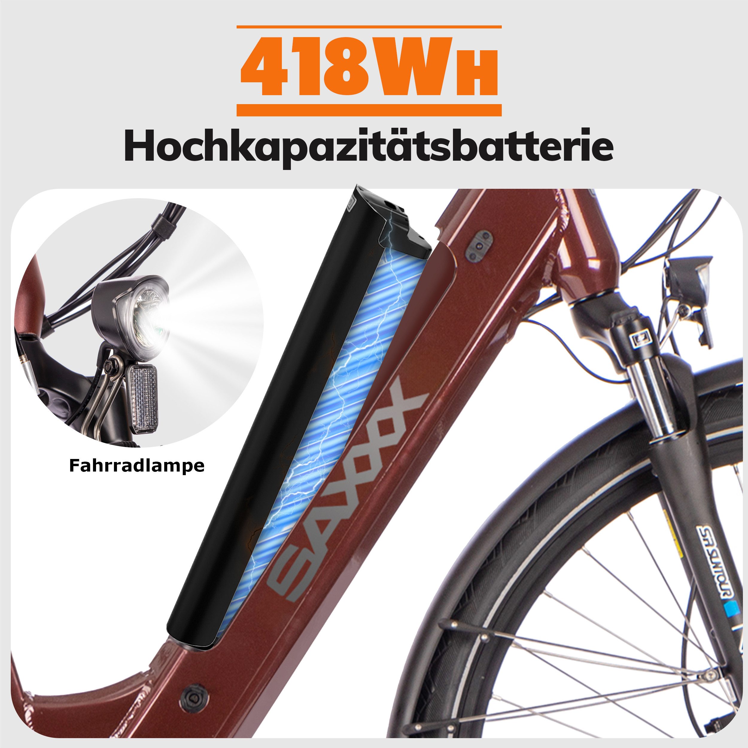 SAXXX E-Bike Trekkingrad Damen u. Herren 28'' SAXXX DSW, 418Wh, 250W Mittelmotor, max. 100km, 9 Gang Shimano Alivio Schaltwerk, Kettenschaltung, Mittelmotor, 418 Wh, (mit Akku-Ladegerät, mit Akku-Schlüssel, mit Rahmenschloss), Federgabel, Gepäckträger, hydraulische Scheibenbremsen, E-Trekkingrad