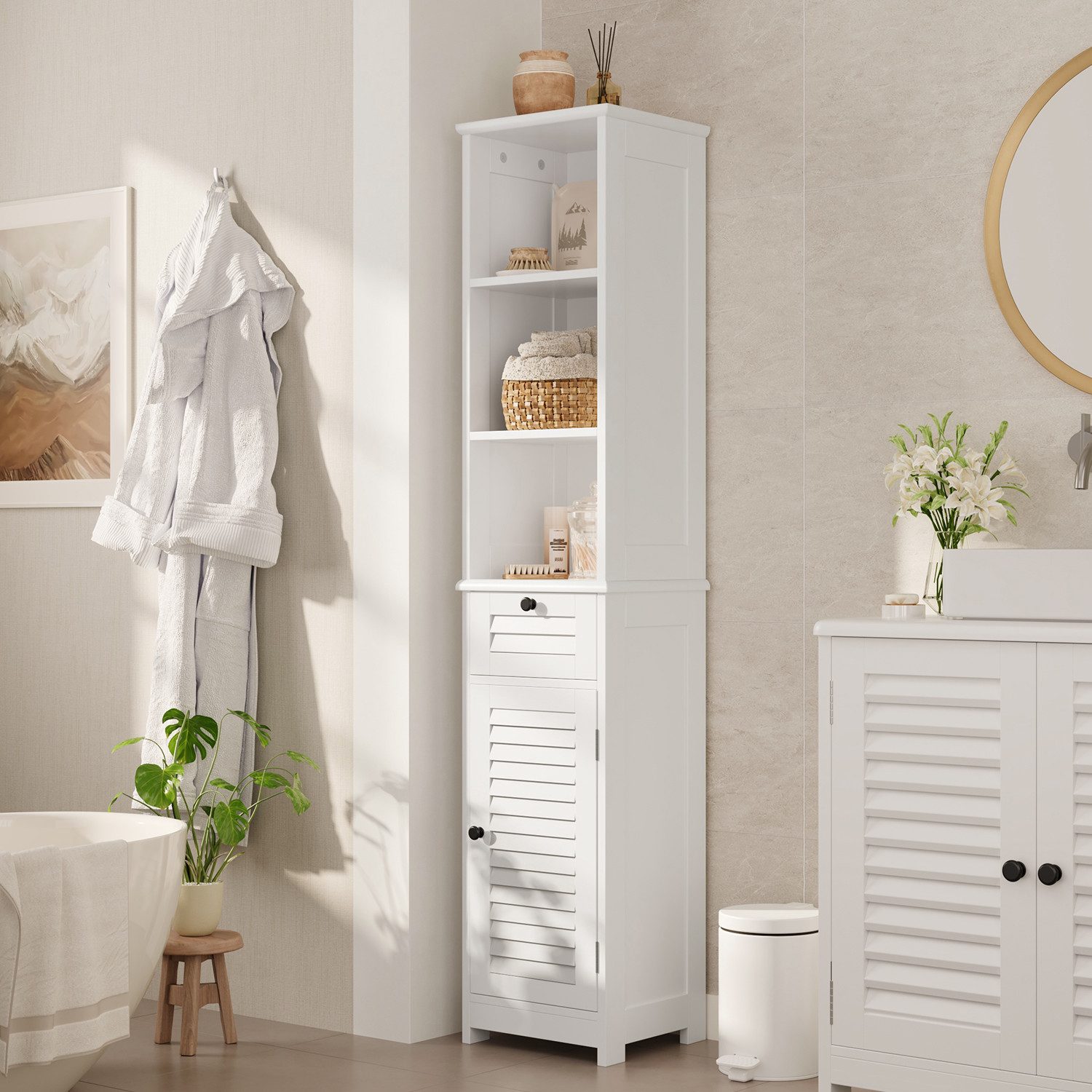 Bealife Badkommode Hochschrank Badschrank mit 3 offenen Fächern, 1 Schubladen, Weiß (2 verstellbaren Einlegeböden)