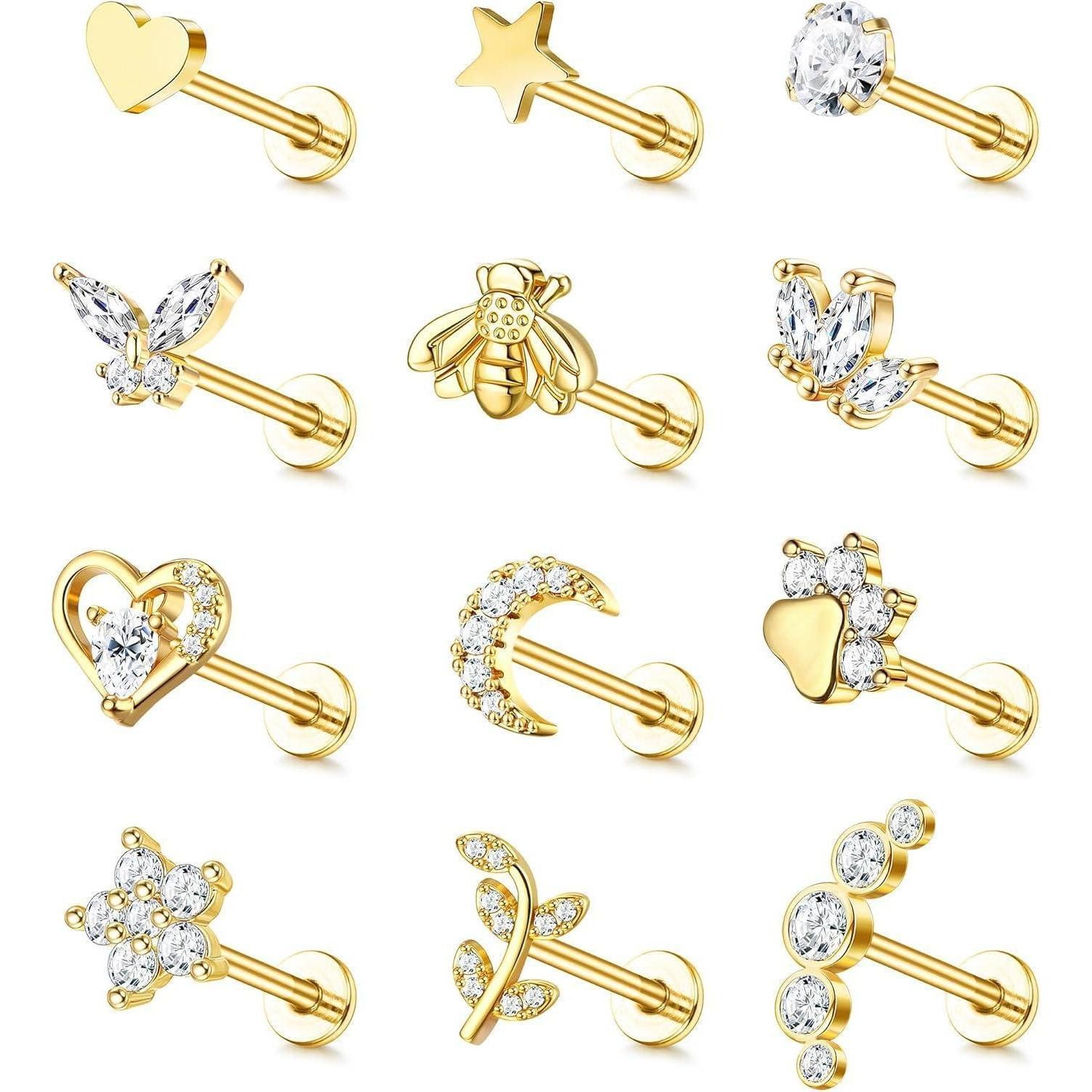 Piercing-Set 12 Stück 16G Knorpel Helix Ohrringe Chirurgenstahl CZ Mond Herz Stern