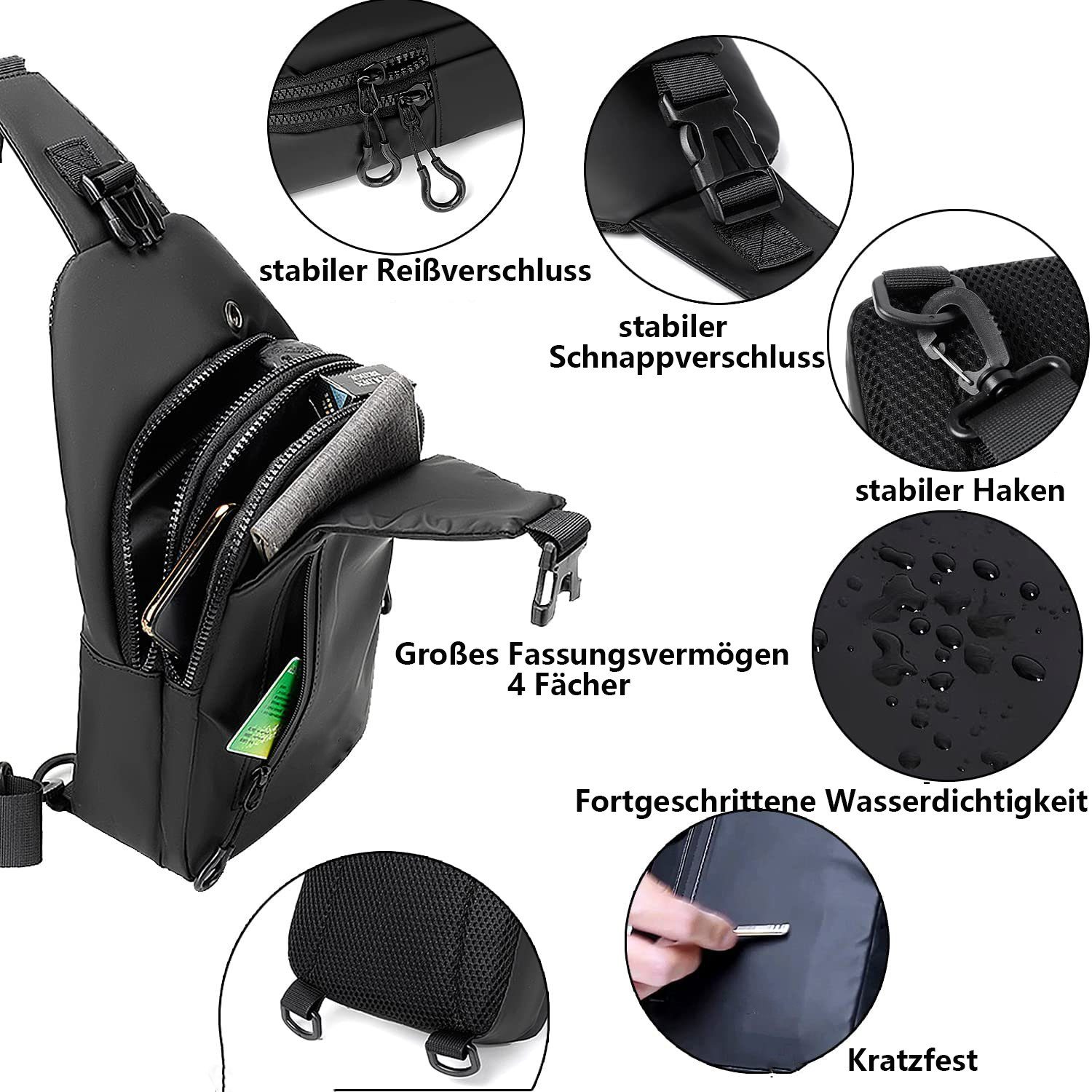 mit GelldG Umhängetasche wasserdicht Bag Sling Tasche Schwarz Anti-Diebstahl USB-Ladeanschluss