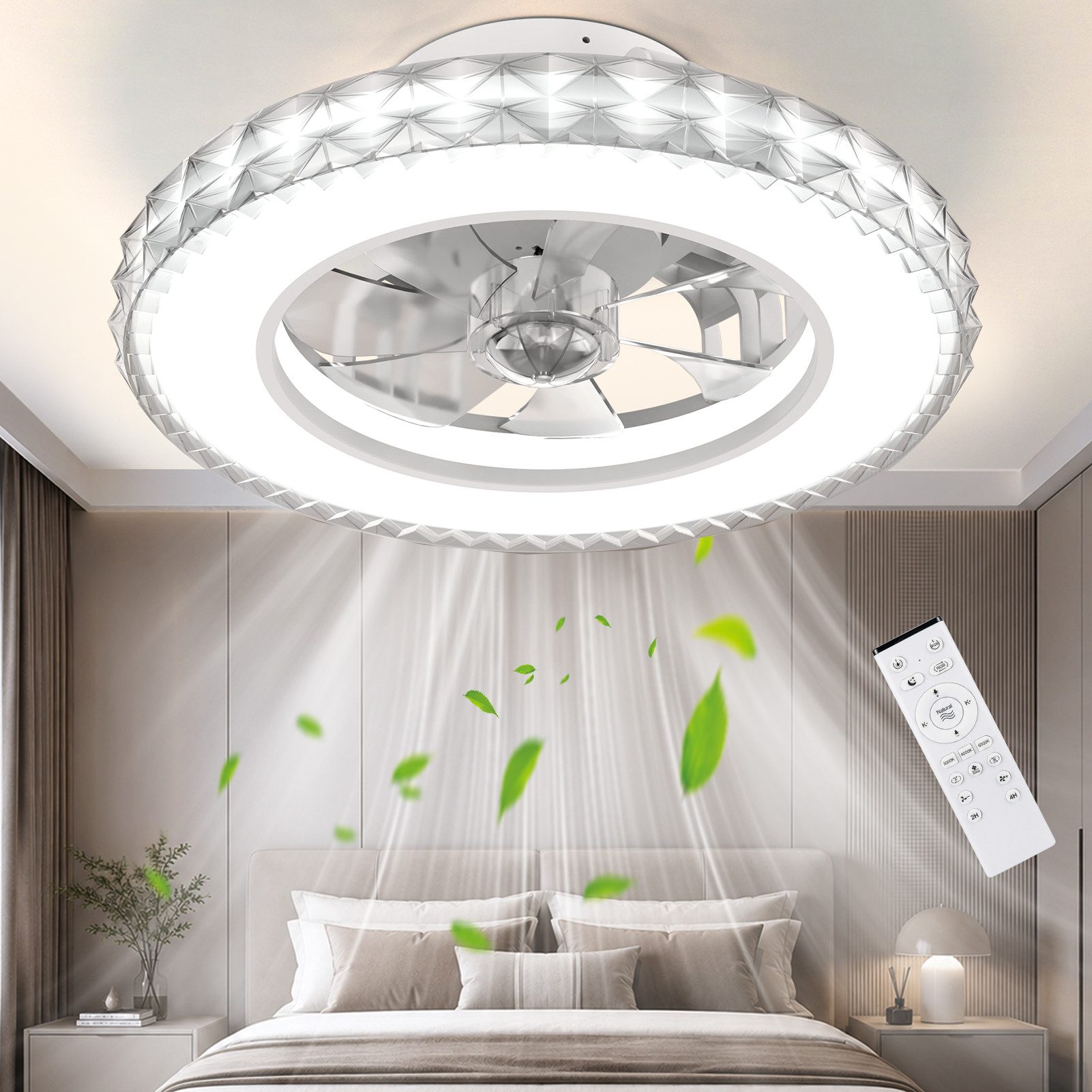 ATEROLL Deckenventilator mit Beleuchtung mit Kristall-Optik, LED 3CCT, RGB, dimmbar, Leiser Deckenventilator mit Fernbedienung,Timer,Memoryfunktion