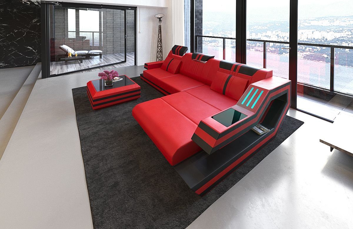Sofa Dreams Ecksofa Ravenna L Form Leder mit Ottomane und USB, Couch, mit LED, wahlweise mit Bettfunktion als Schlafsofa, Designersofa