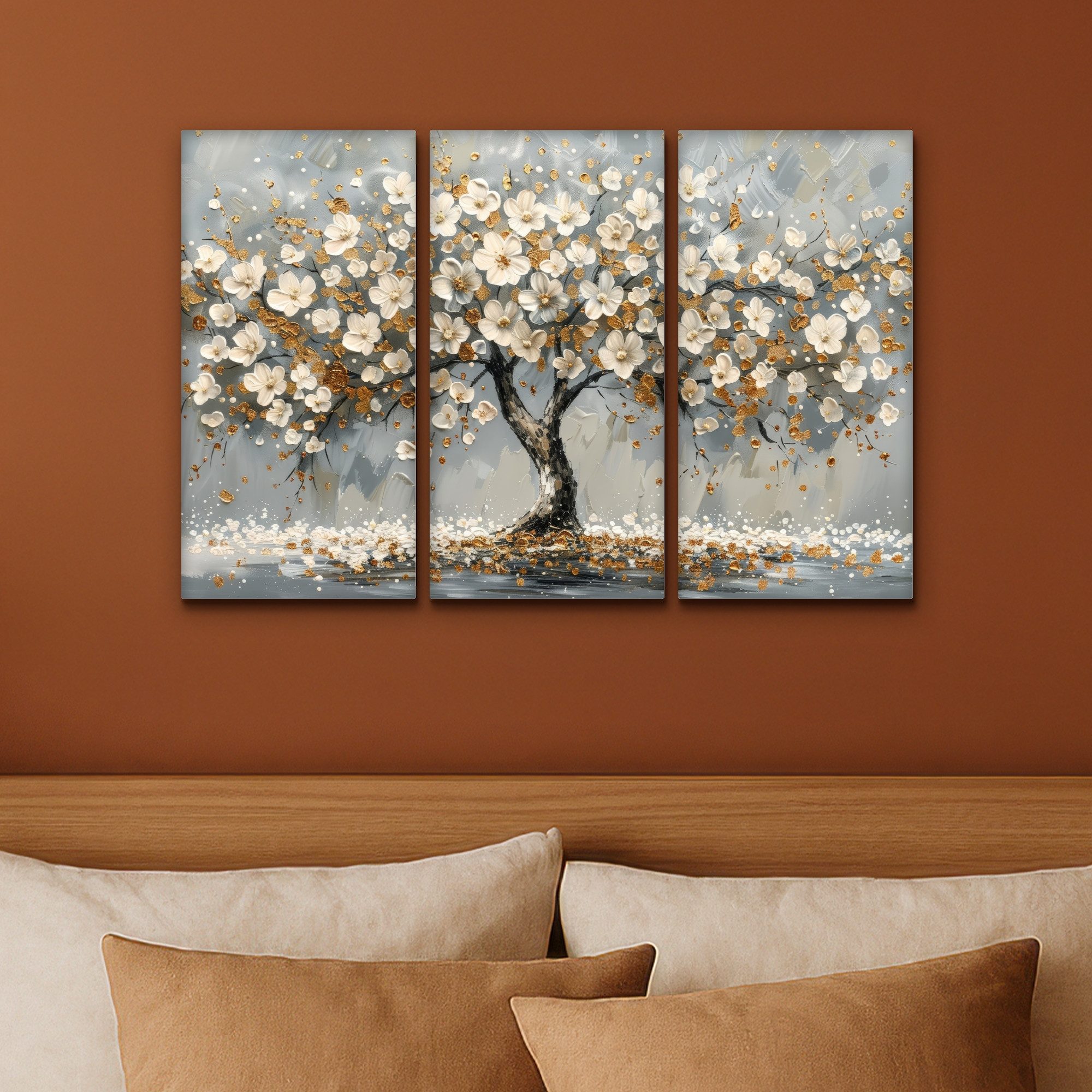 MuchoWow Leinwandbild Baum - Abstrakt - Weiß - Blüte, Fotodruck (3 St), Wand Bilder 3 Set, Deko Schlafzimmer Wohnzimmer Flur 60x40 cm – Bild 4 von 5