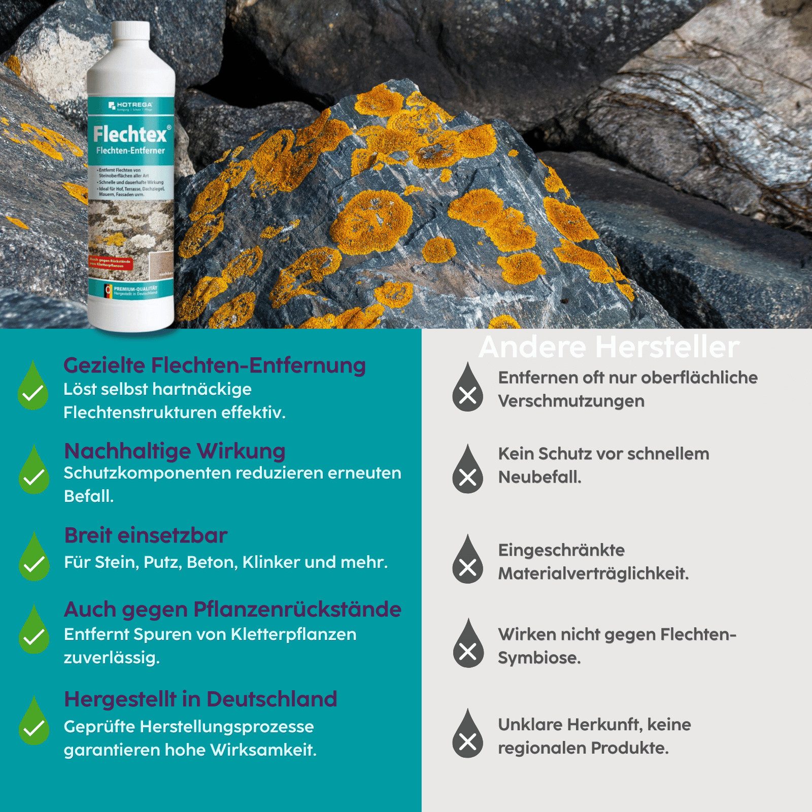 HOTREGA® Flechtex Flechten Entferner Steinreiniger Flechtenentferner Algen 1L Grünbelagentferner