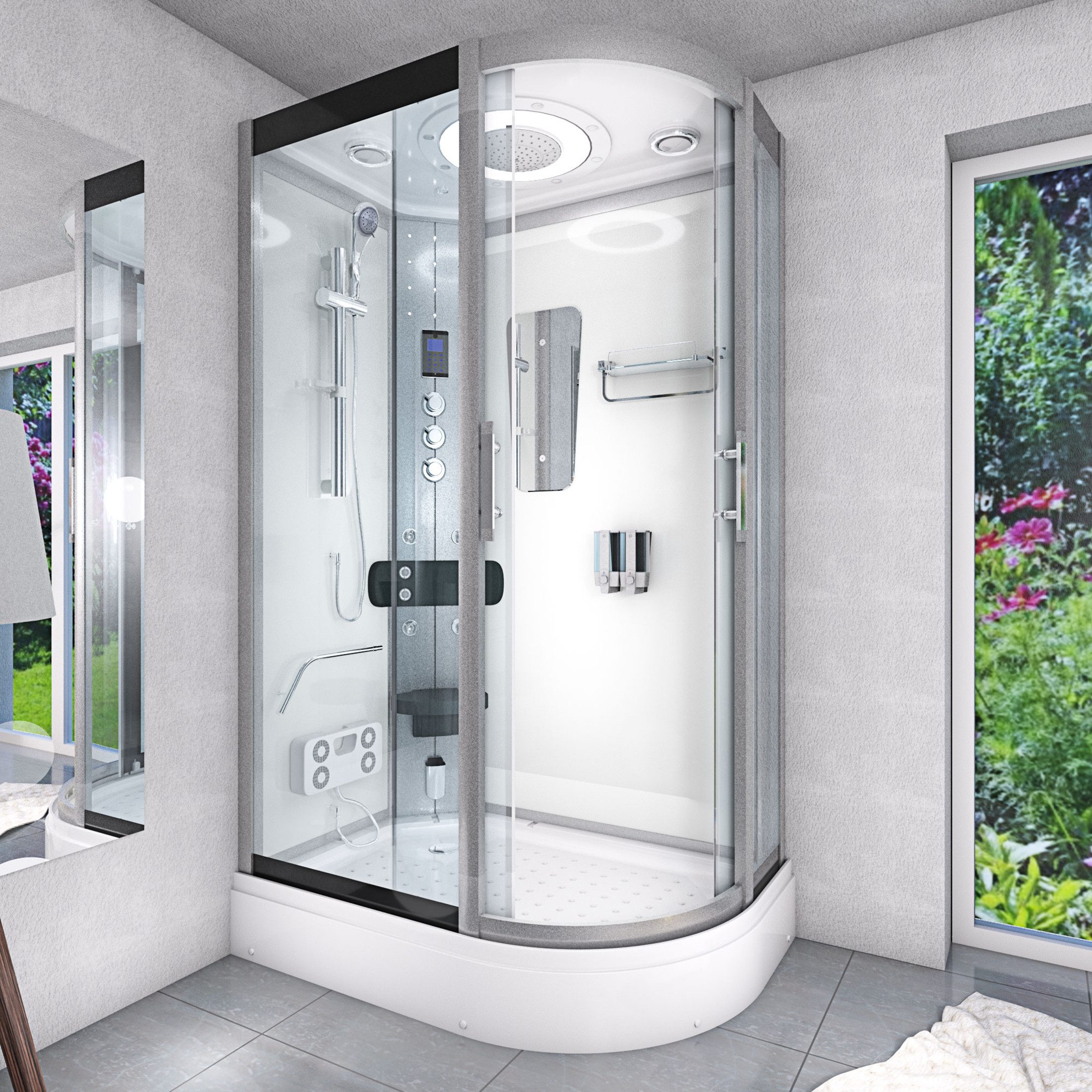 AcquaVapore Komplettdusche Dusche Duschkabine D60-70T1R-ALL Weiß 80x120, Sicherheitsglas ESG, inklusive Duschwanne, Höhenverstellbar, Mit Bauanleitung, Mit Beleuchtung, Mit Spiegel, Gehä