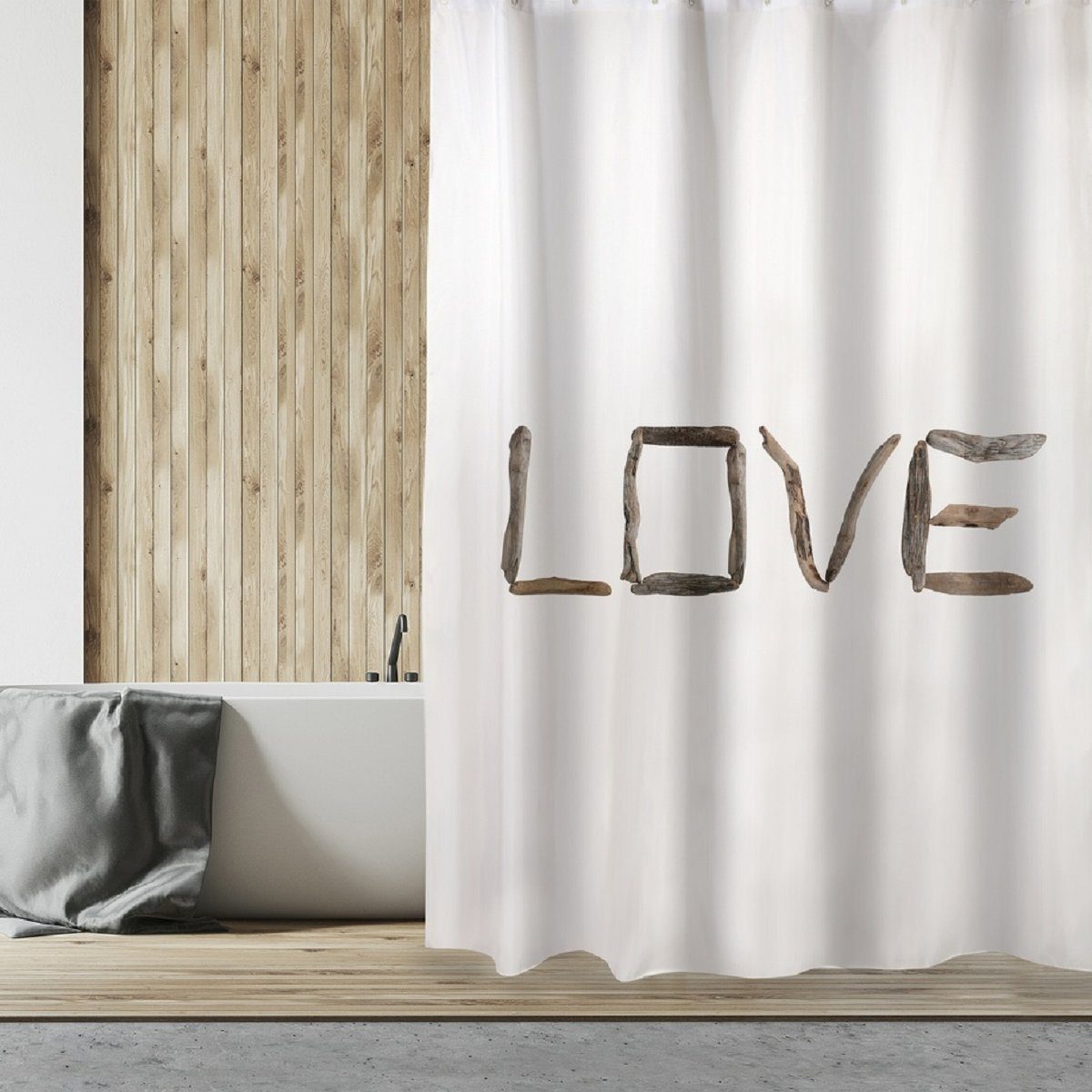 MSV Duschvorhang LOVE Breite 180 cm, Textil-Duschvorhang, 100% Polyester, wasserabweisend, Anti-Schimmel-Effekt, waschbar 30°, angesagter Shabby Look, Farbe weiß / braun, 180 x 200 cm