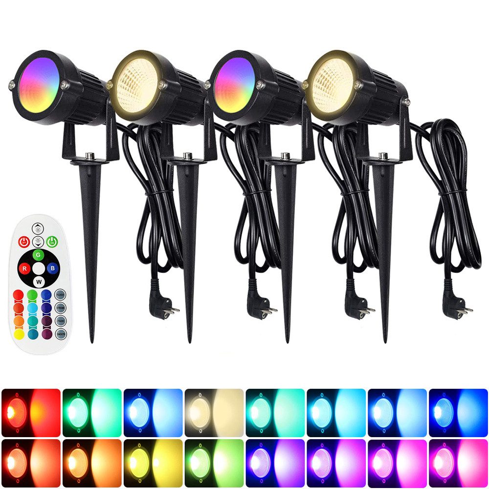 LMaxhome LED Gartenstrahler RGB Strahler Gartenbeleuchtung mit Fernbedienung, 6W(4St), LED fest integriert, 16 Faben, 4 Modi, 90° einstellbar, Memory Funktion, mit 1,5m Kabel Außen Landschaft
