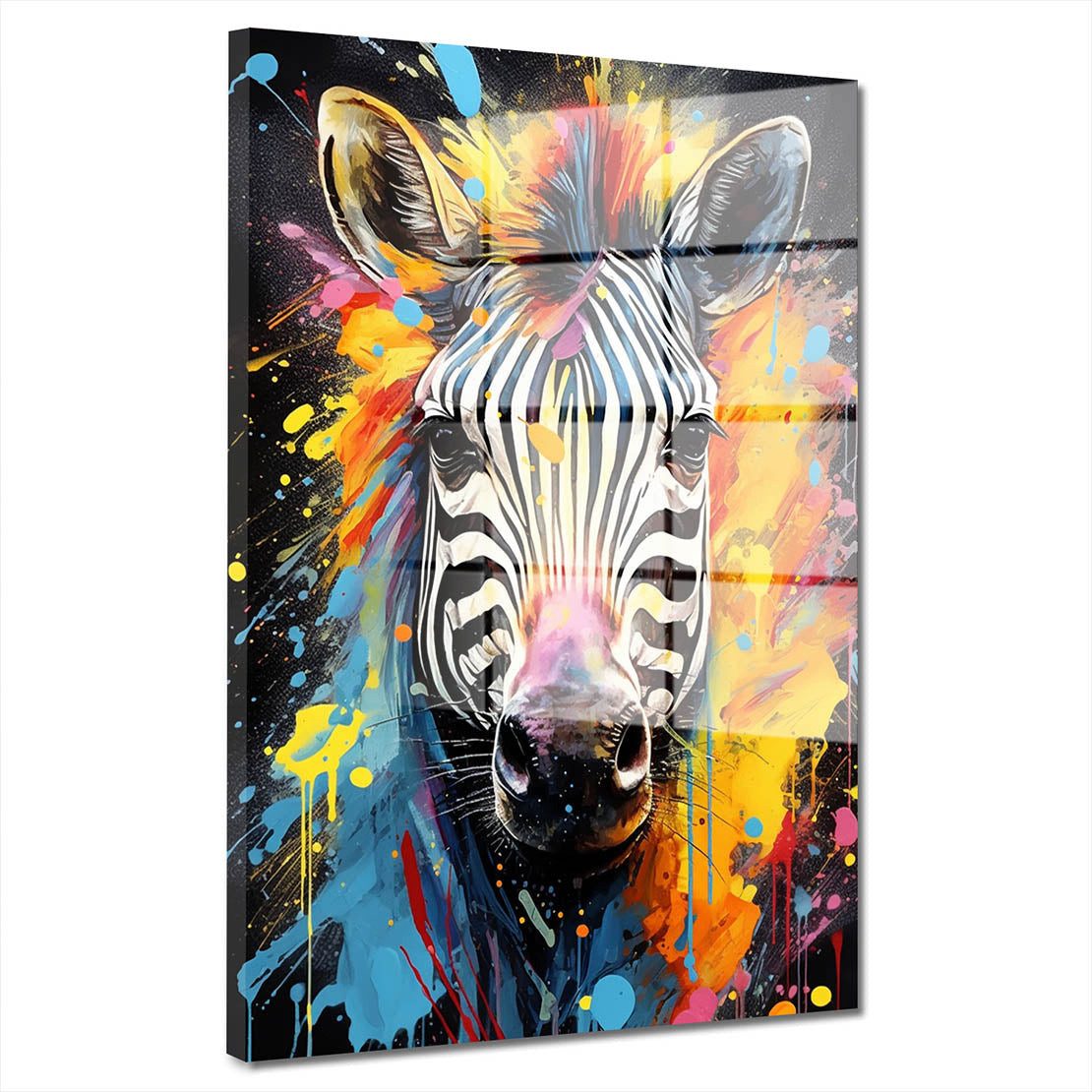 Artedinoi Acrylglasbild Zebra Acrylglasbild Wandbild Pop Art Abstrakt Bunt Tier Deko XXL, Zebra mit Streifen, die sich in kräftigen Farbflächen auflösen.