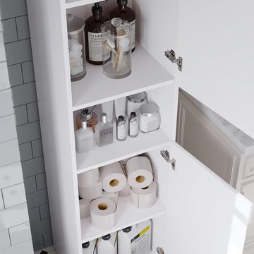 MSMASK Hochschrank Badezimmerschrank Schmal, mit 2 Türen und 1 offenem Fach Schmaler Schrank für Badezimmer Wohnzimmer Küche 33,5x39,5x190 cm