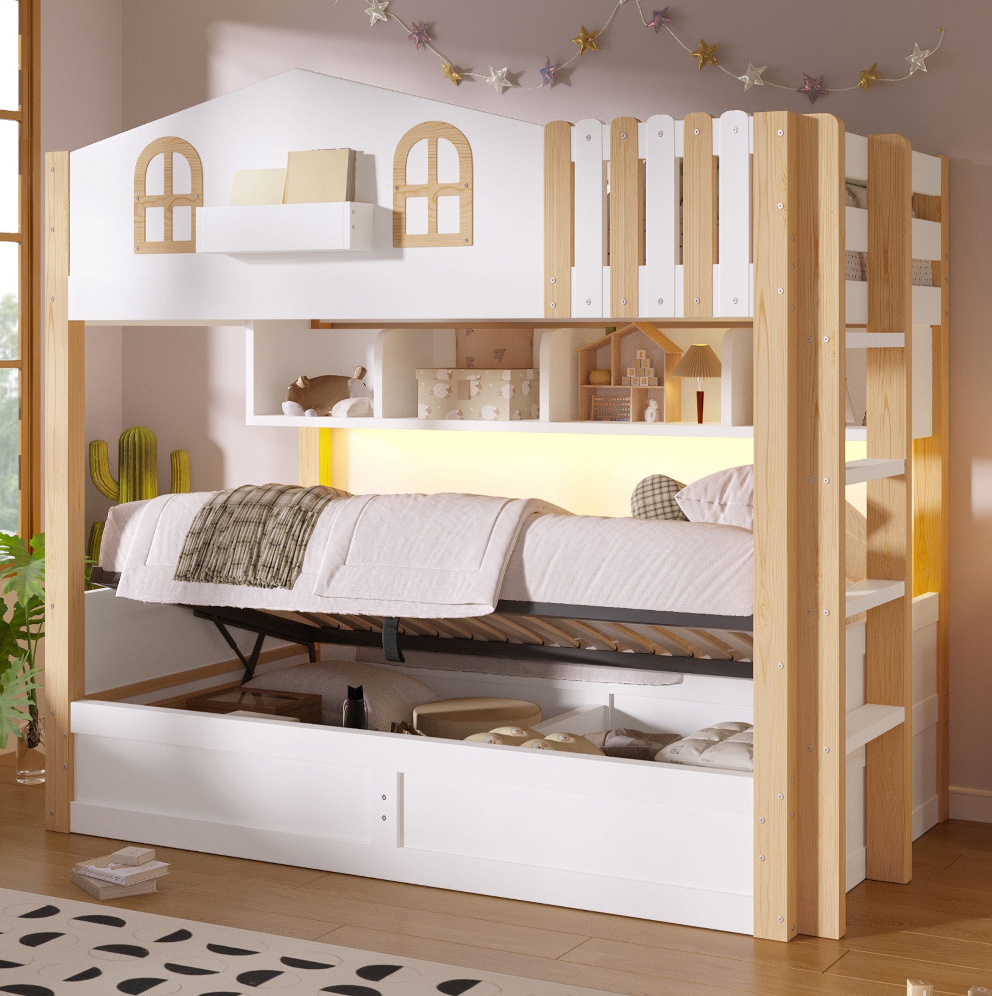 OKWISH Etagenbett Kinderbett (Funktionsbett mit LED-Beleuchtung, hydraulischem Stauraum,90x200cm, offenem Staufach und flexibler Leiterposition, Holzbett Jugendbett)
