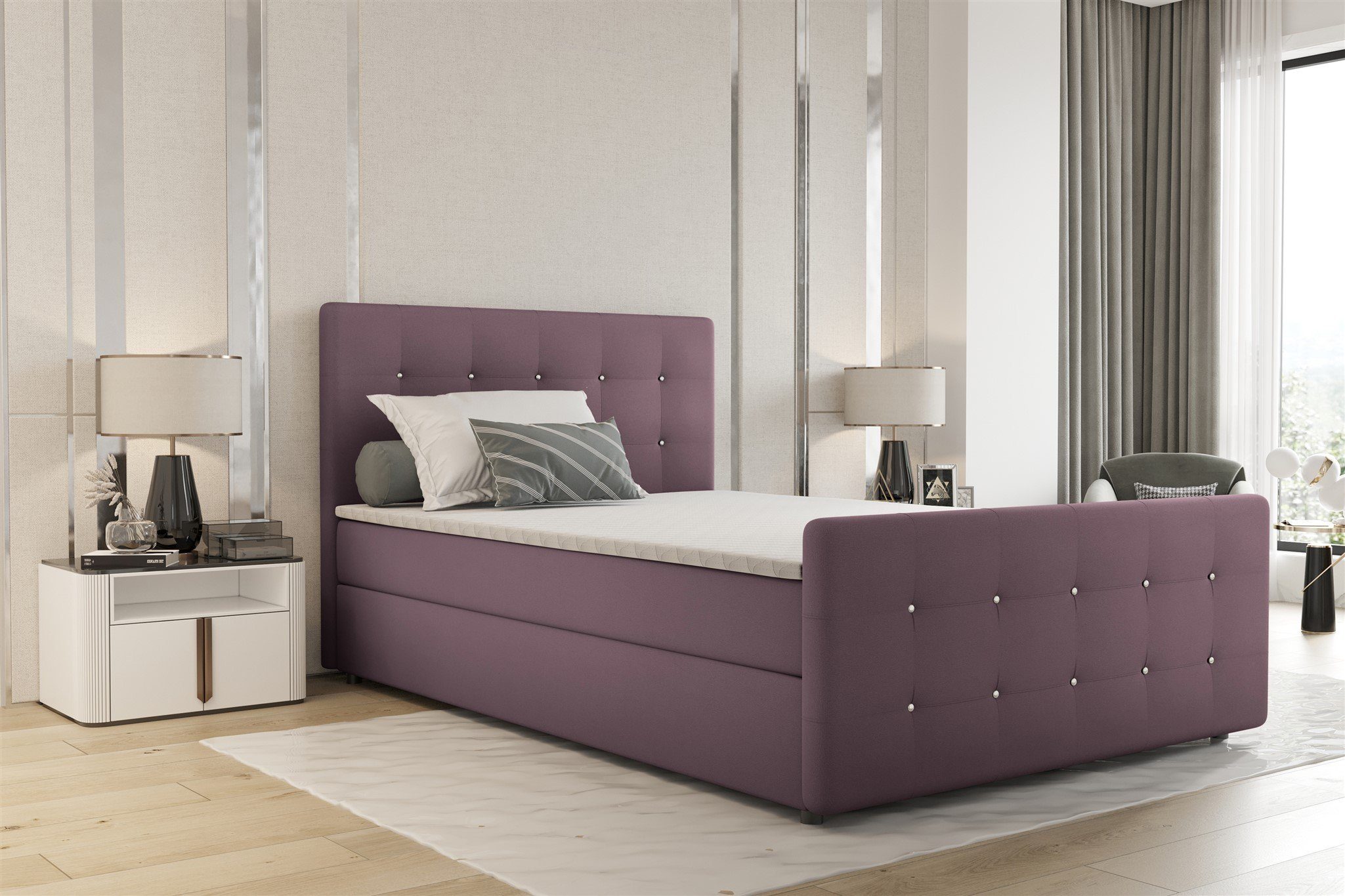 Fun Möbel Boxbett Schlafzimmerbett MARKOS in Stoff Soro (Liegefläche in Stoff und Farbe des Bettes, inkl. Bettkästen und Topper), Strasssteine in Kopf- und Fußteil