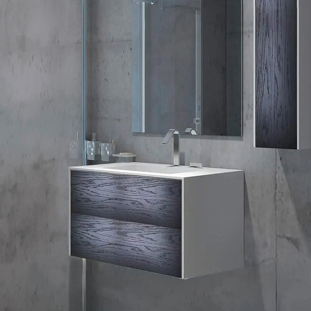 Henneke Waschtisch Corian® WoodOne+ mit Becken mittig eckig und Unterschrank zweireihig, Fugenlos aus Mineralwerkstoff
