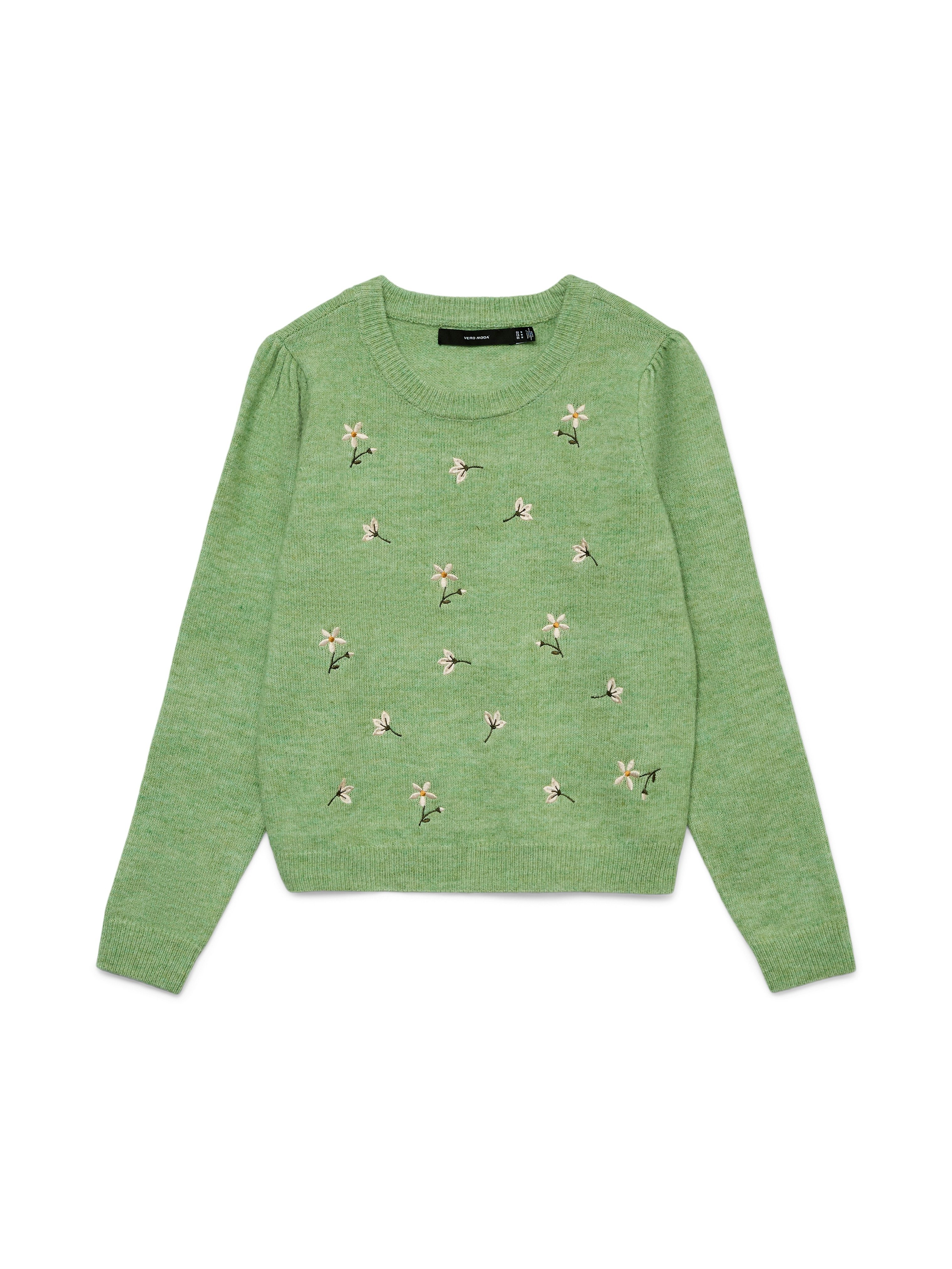 Vero Moda Wollpullover VMFIORELLA EMB LS O-NECK SHORT PULL BOO mit Blumenstickerei