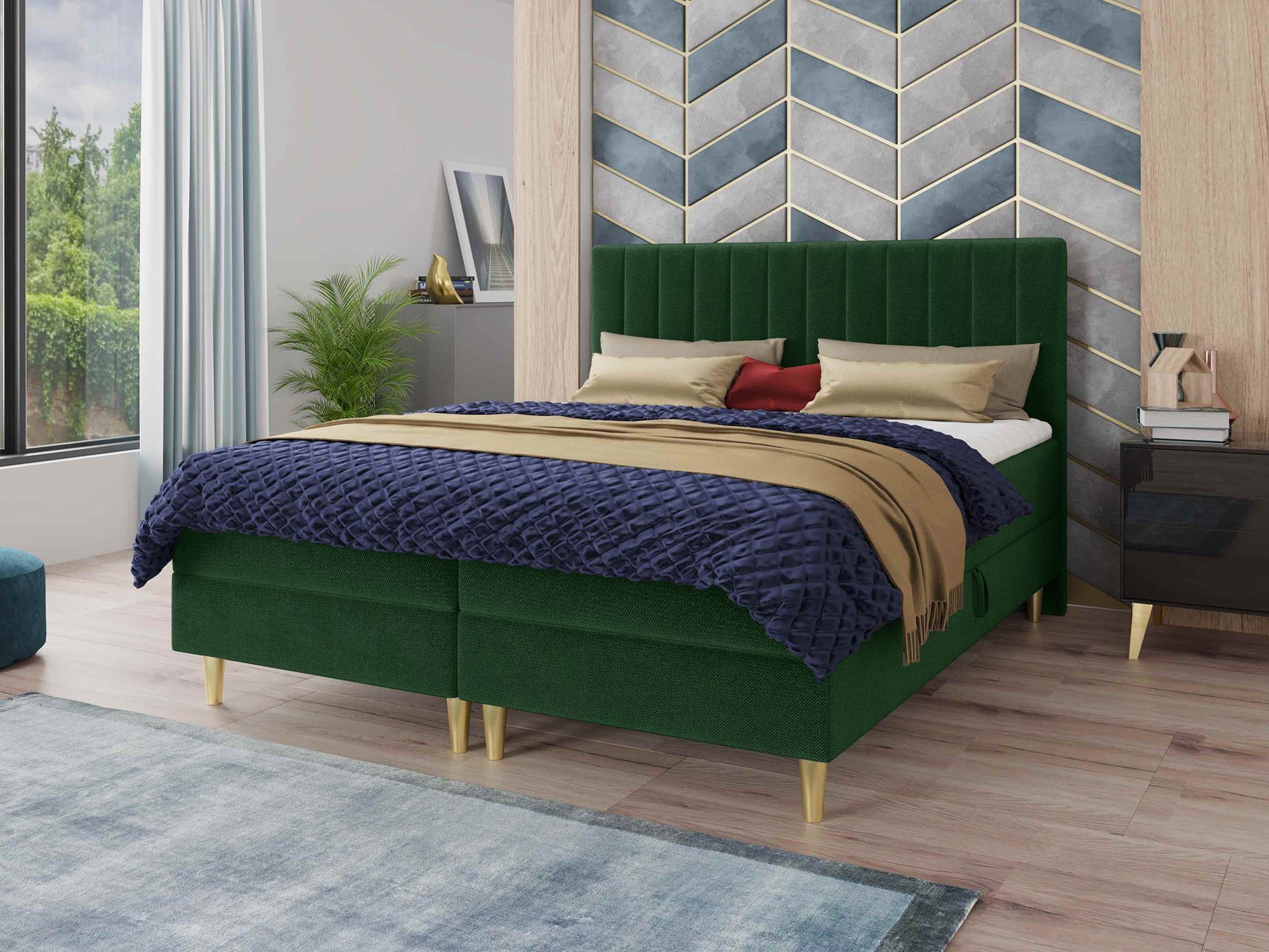 Sofnet Boxbett Gold (mit zwei Bettkästen, Bonell-Matratze und Topper), Doppelbett, Polsterbett mit Kopfteil, Gold Füße, Boxspringbett