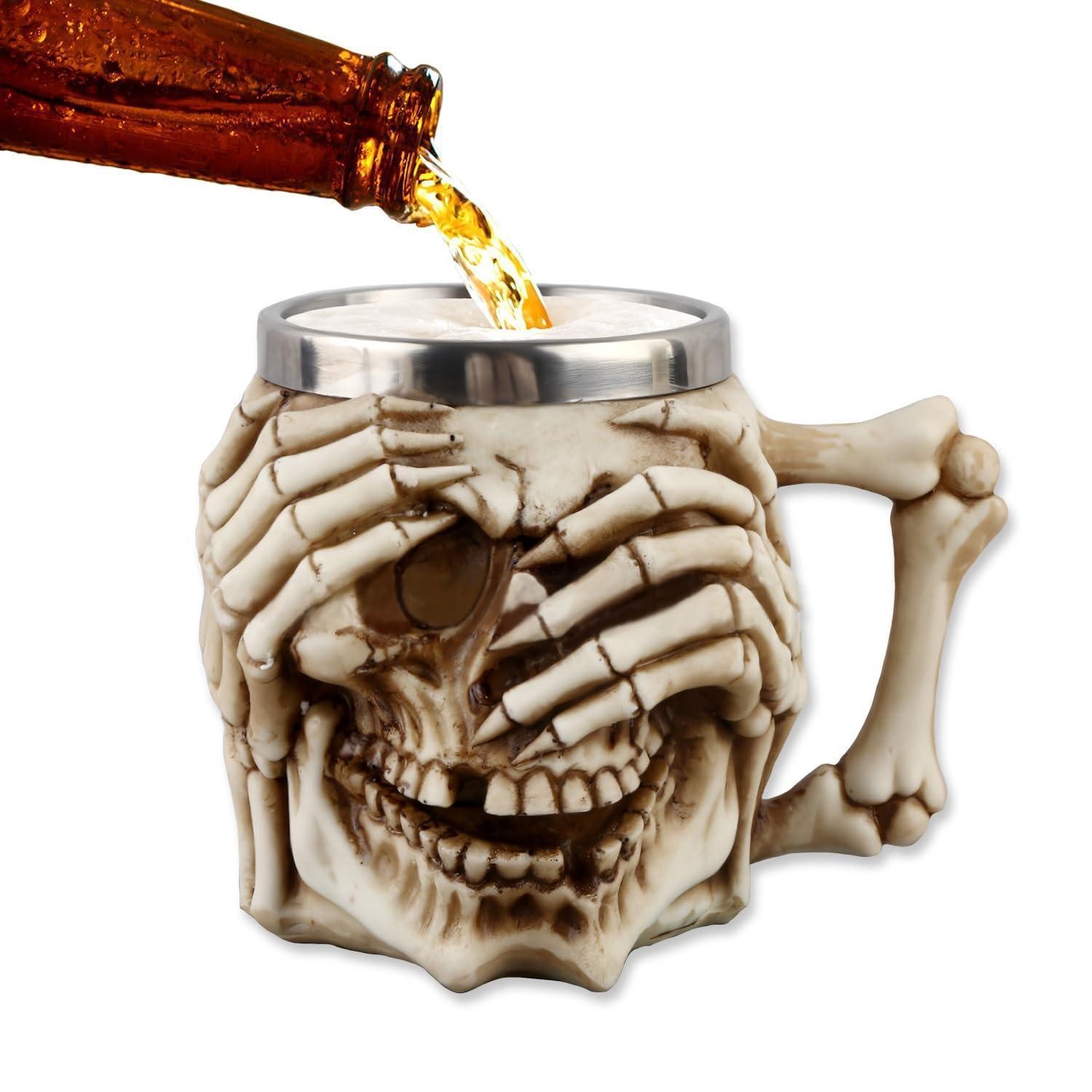 LuxusKollektion Bierkrug Totenkopf Tasse 3D Mittelalter Design Edelstahl innen, Kunststoff