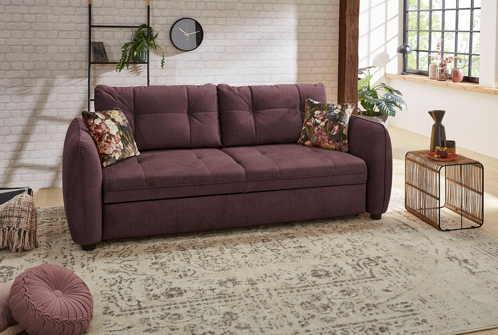 Sascha, cm Relax- Liegefläche 180x200 mit Bettfunktion, und Jockenhöfer Schlafsofa | aubergine aubergine Gruppe Wellenfedern,